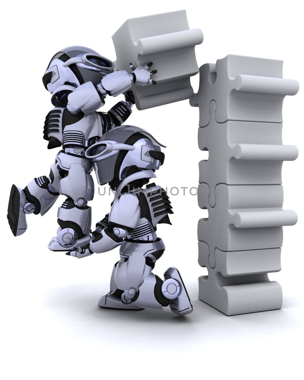 3D render of a robot solving jigsaw puzzle