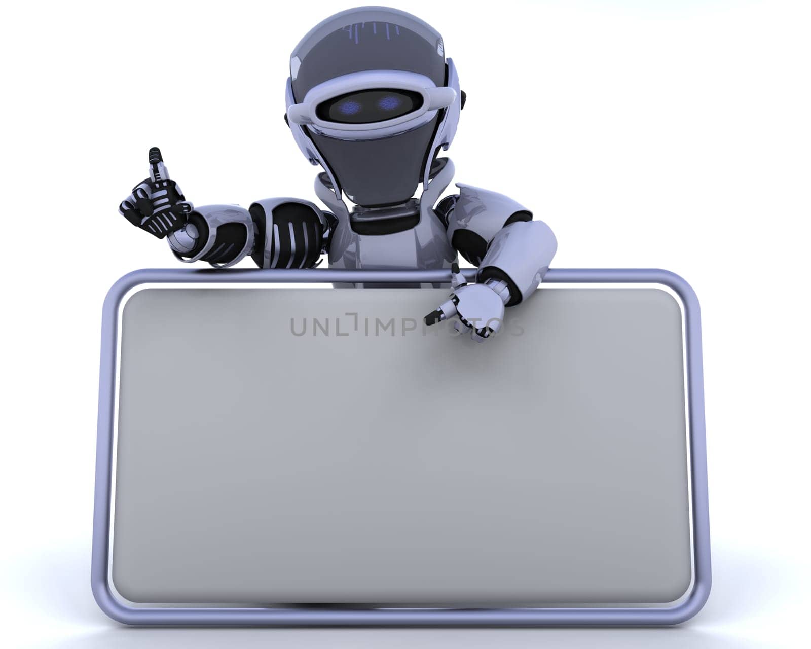3D render of a robot and blank sign
