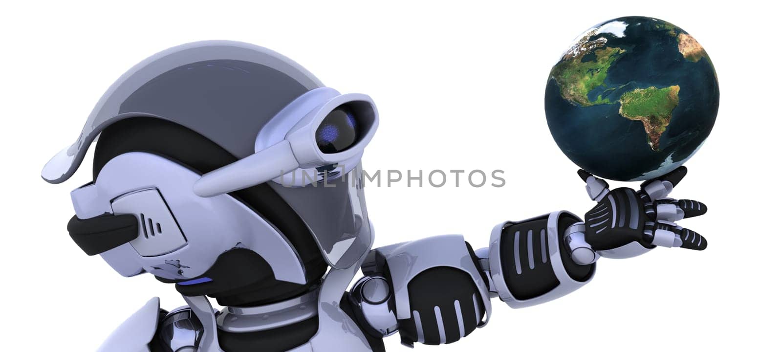 3D render of a robot inspecting a globe