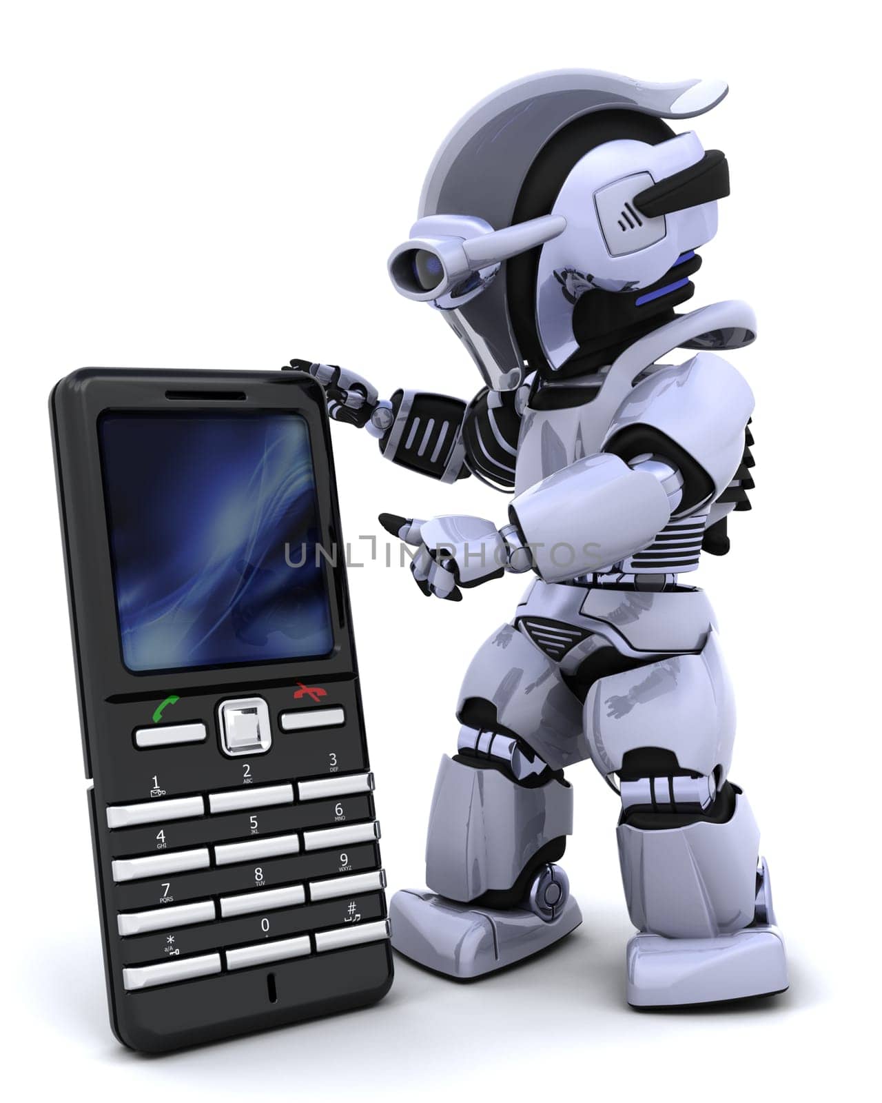 3D render of a robot character witha a smart phone