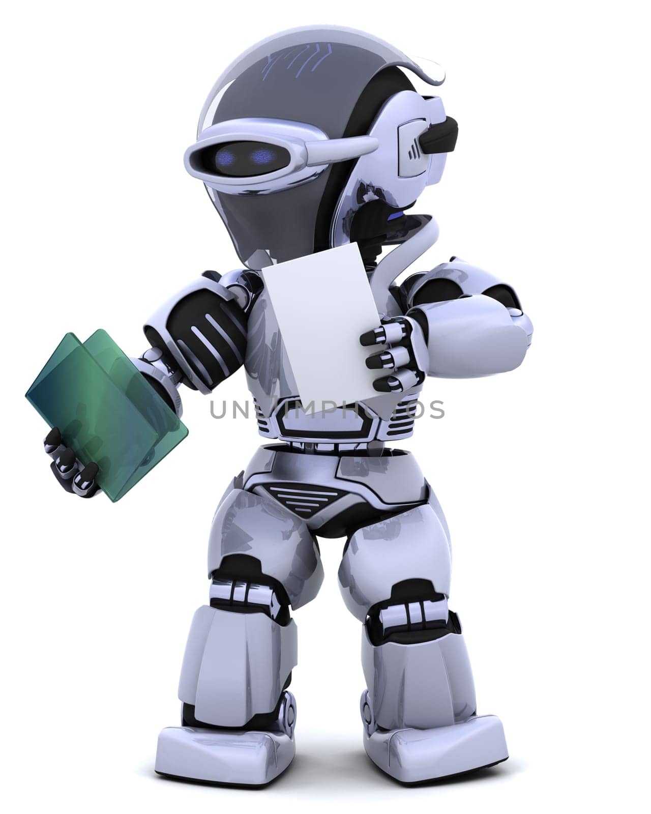 3D render of robot with document and folder