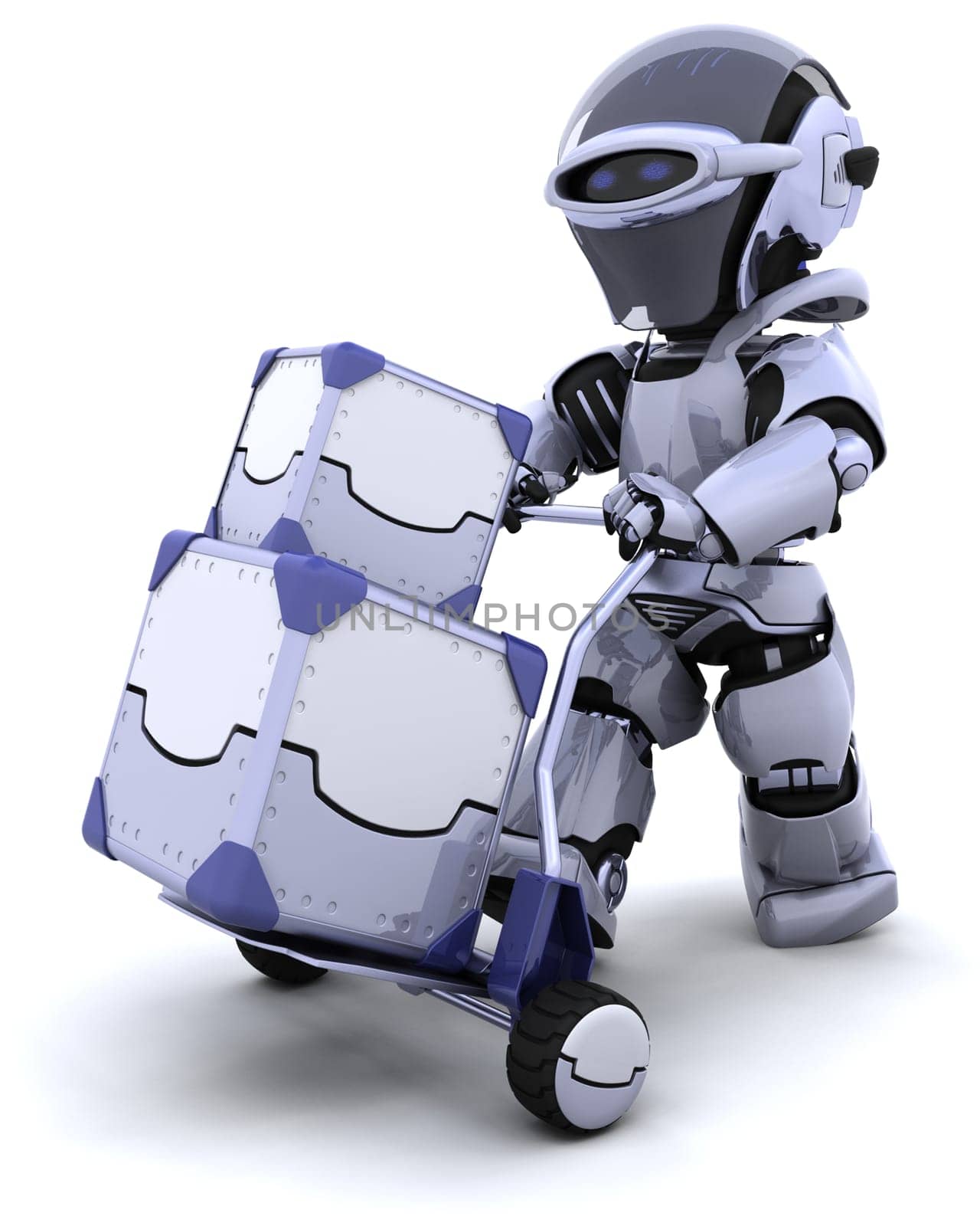 3D render of a robot moving shipping boxes