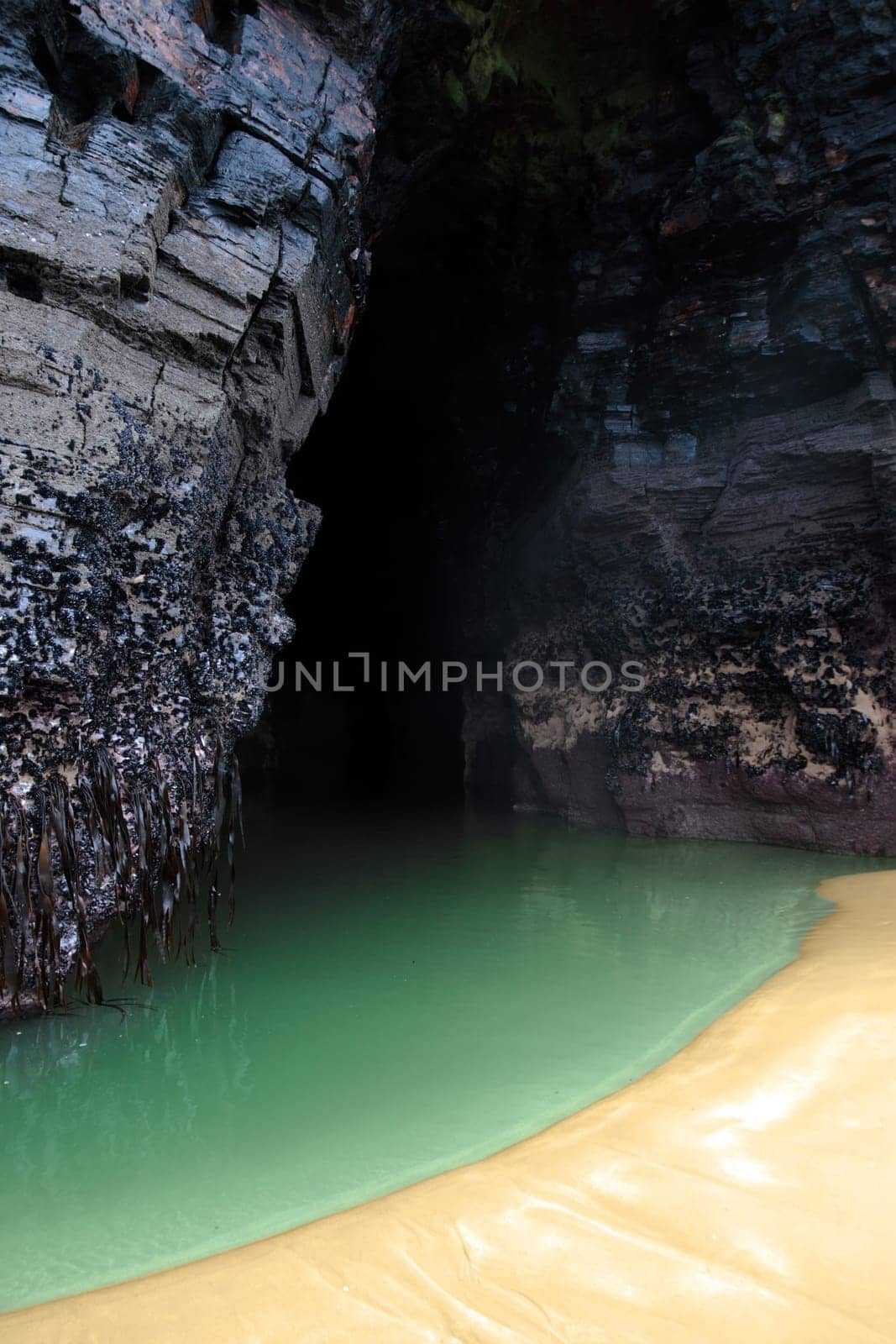 a beautiful green pool on sandy beach against cliffs