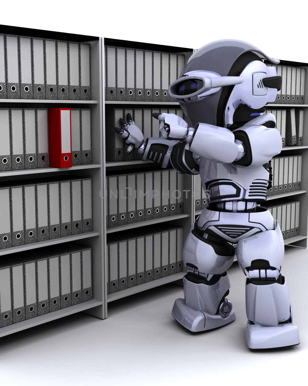 3D Render of robot filing documents