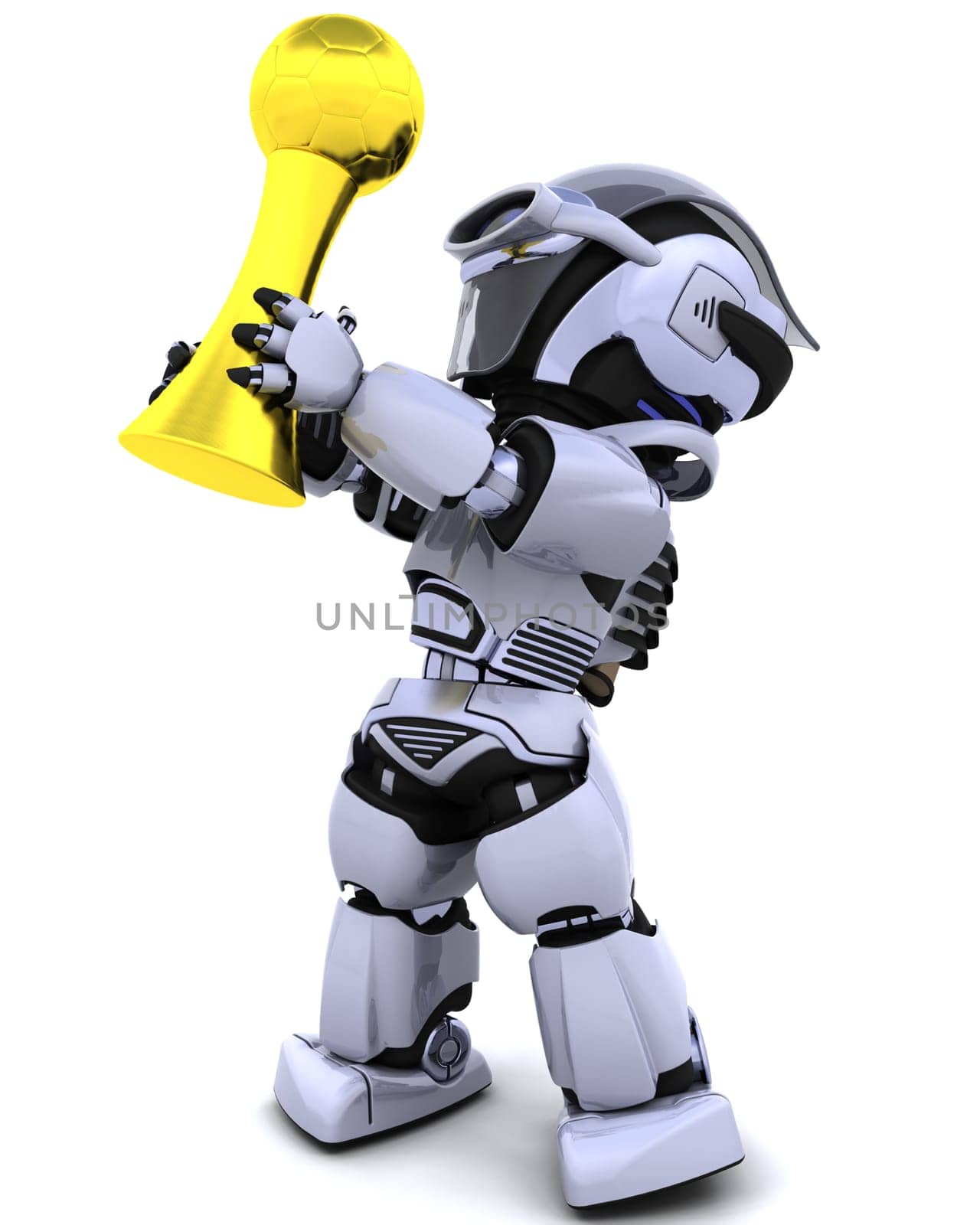 3D Render of robot with soccer trophy