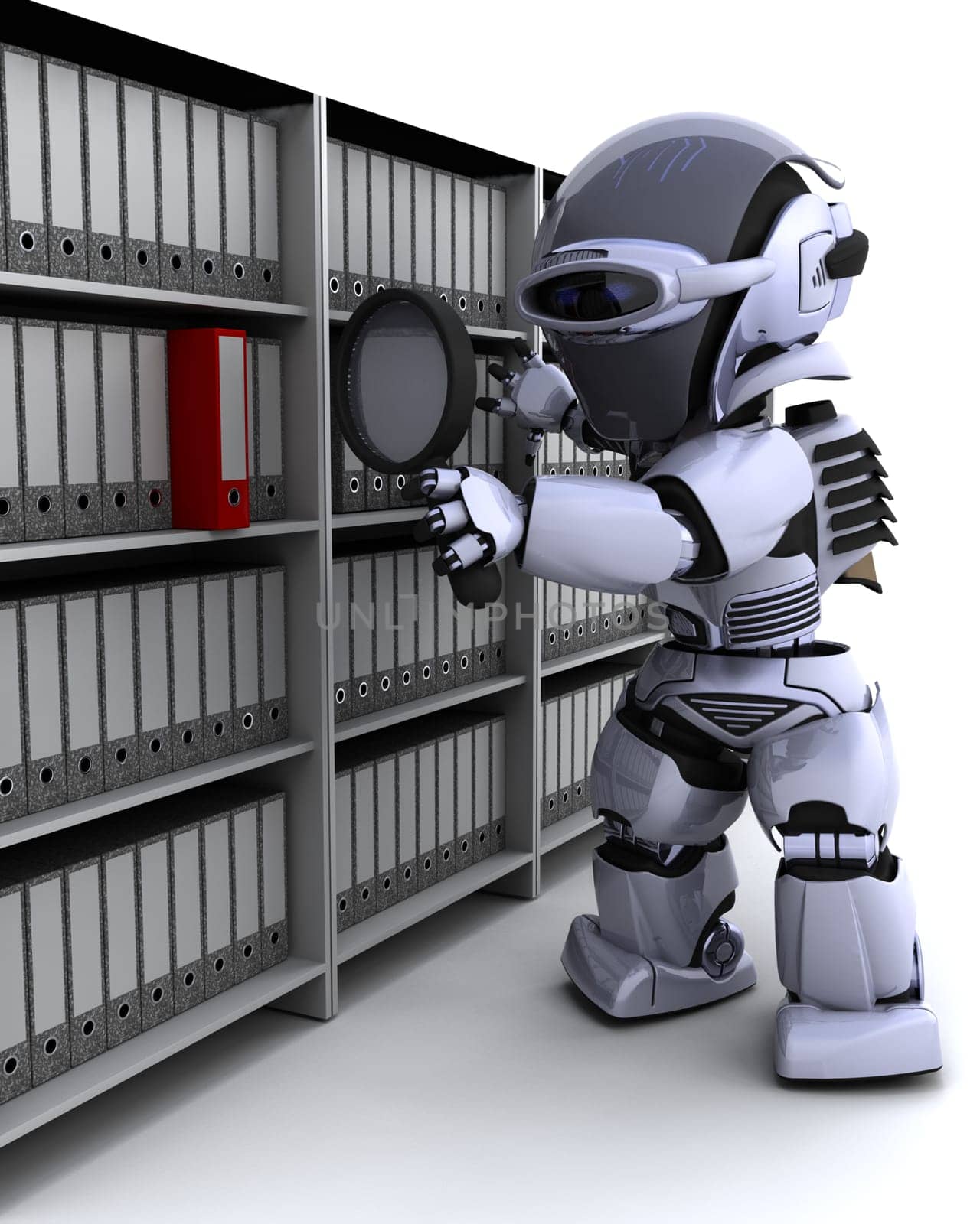 3D Render of robot filing documents