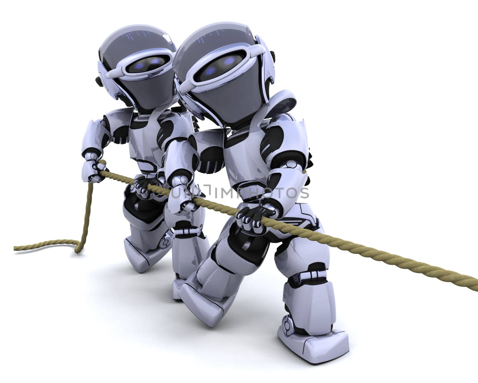 3D Render of robots pulling on a rope