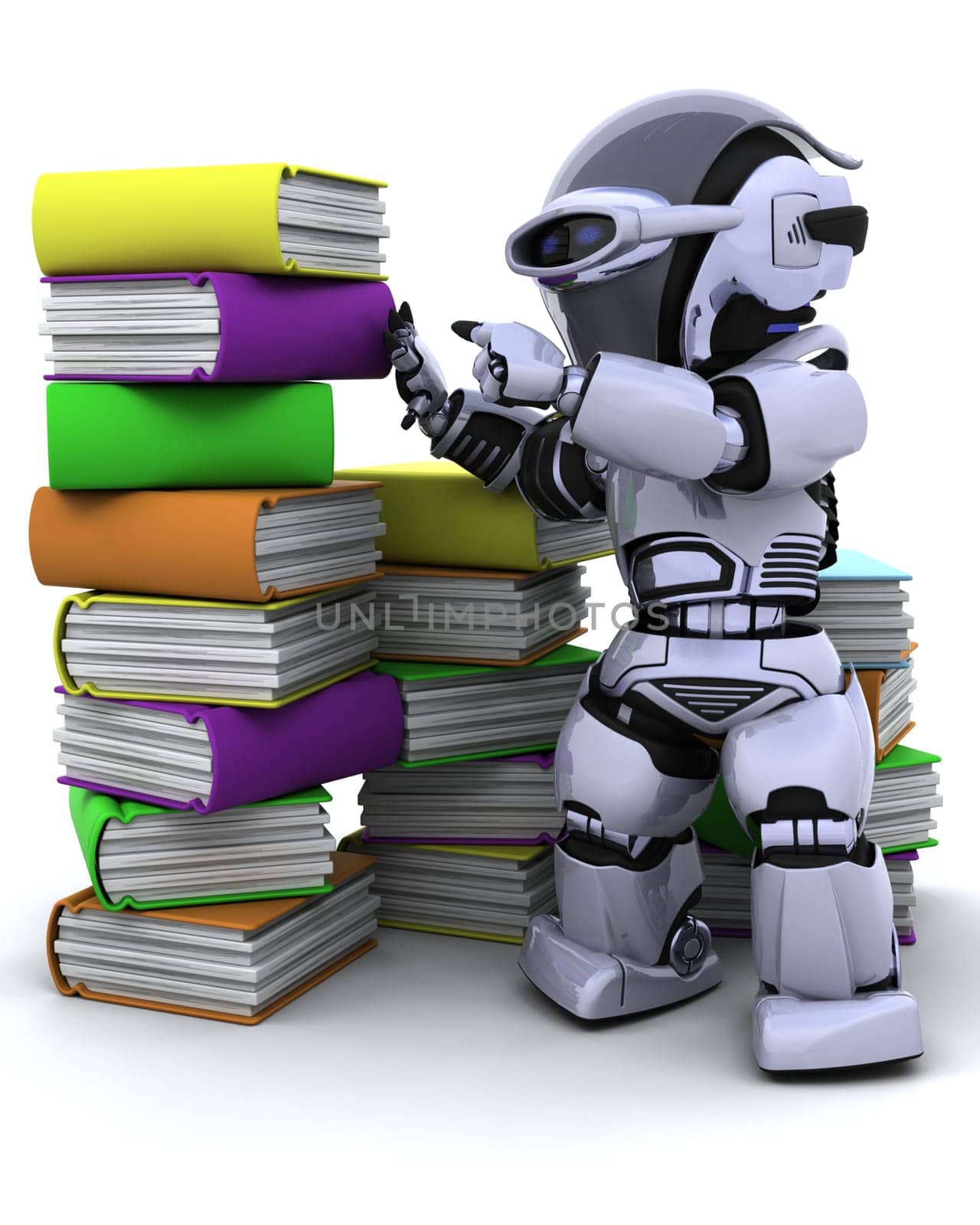 3D Render of robot with books
