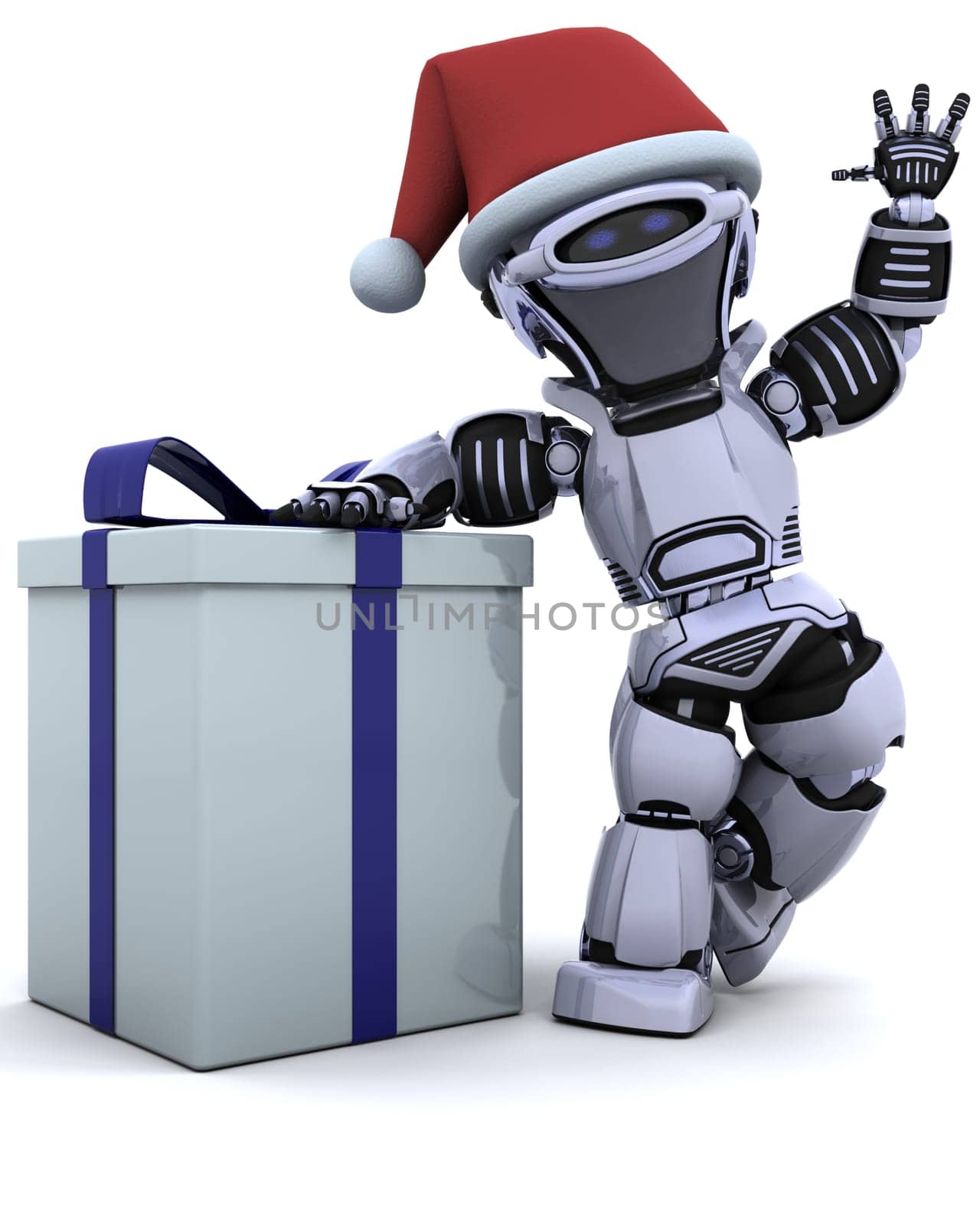 3D render of a robot with christmas gift box with bow