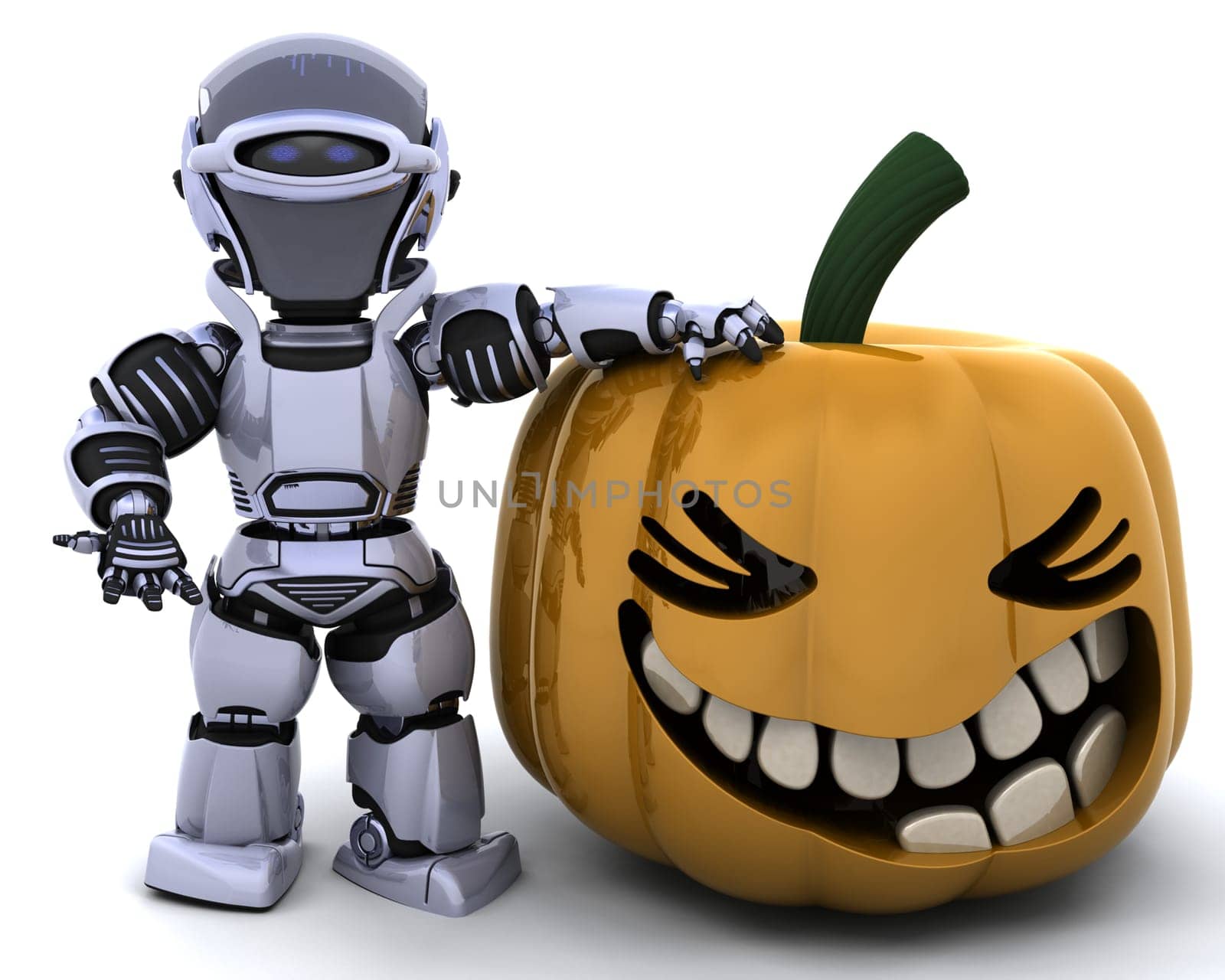 3D render of a robot with jack o lantern pumpkin