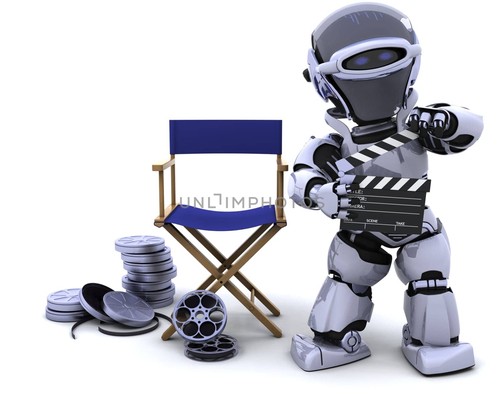3D render of robot with clapper boards and film reels