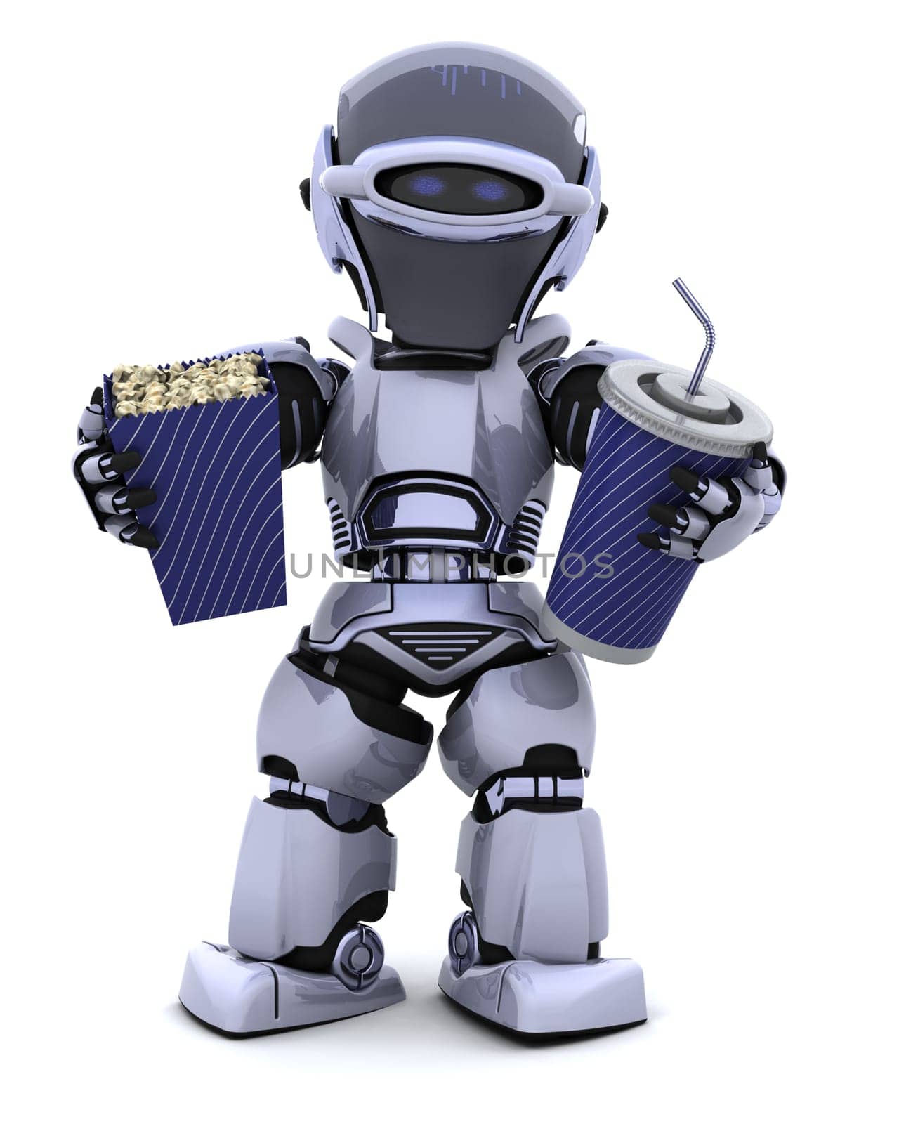 3D render of robot with pop corn bucket and soda