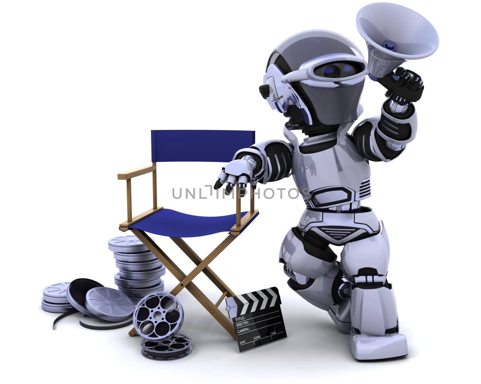 3D render of a robot with megaphone and directors chair