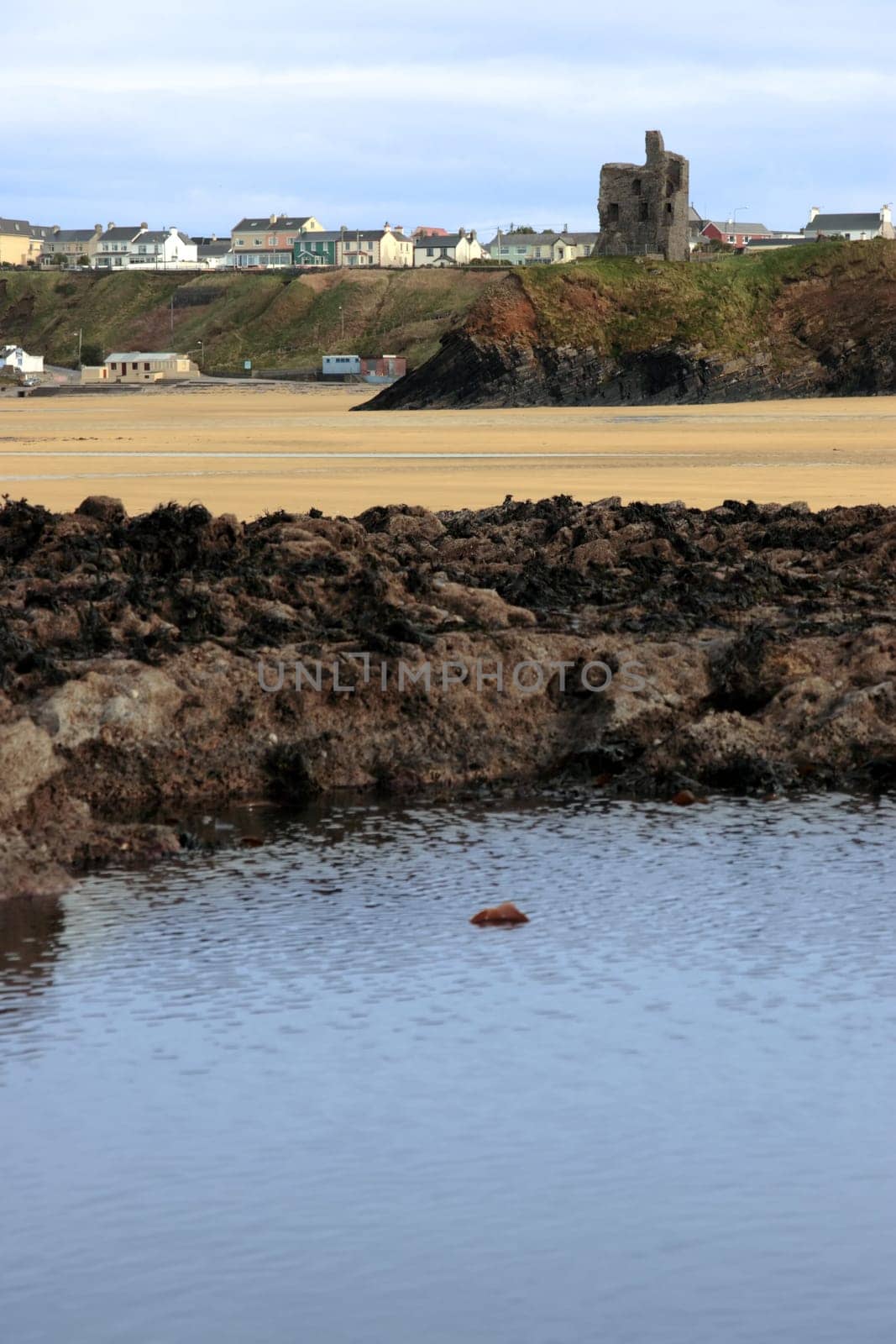 the old ruin of a castle in ballybunion overlooking the beach with black rocks in foreground