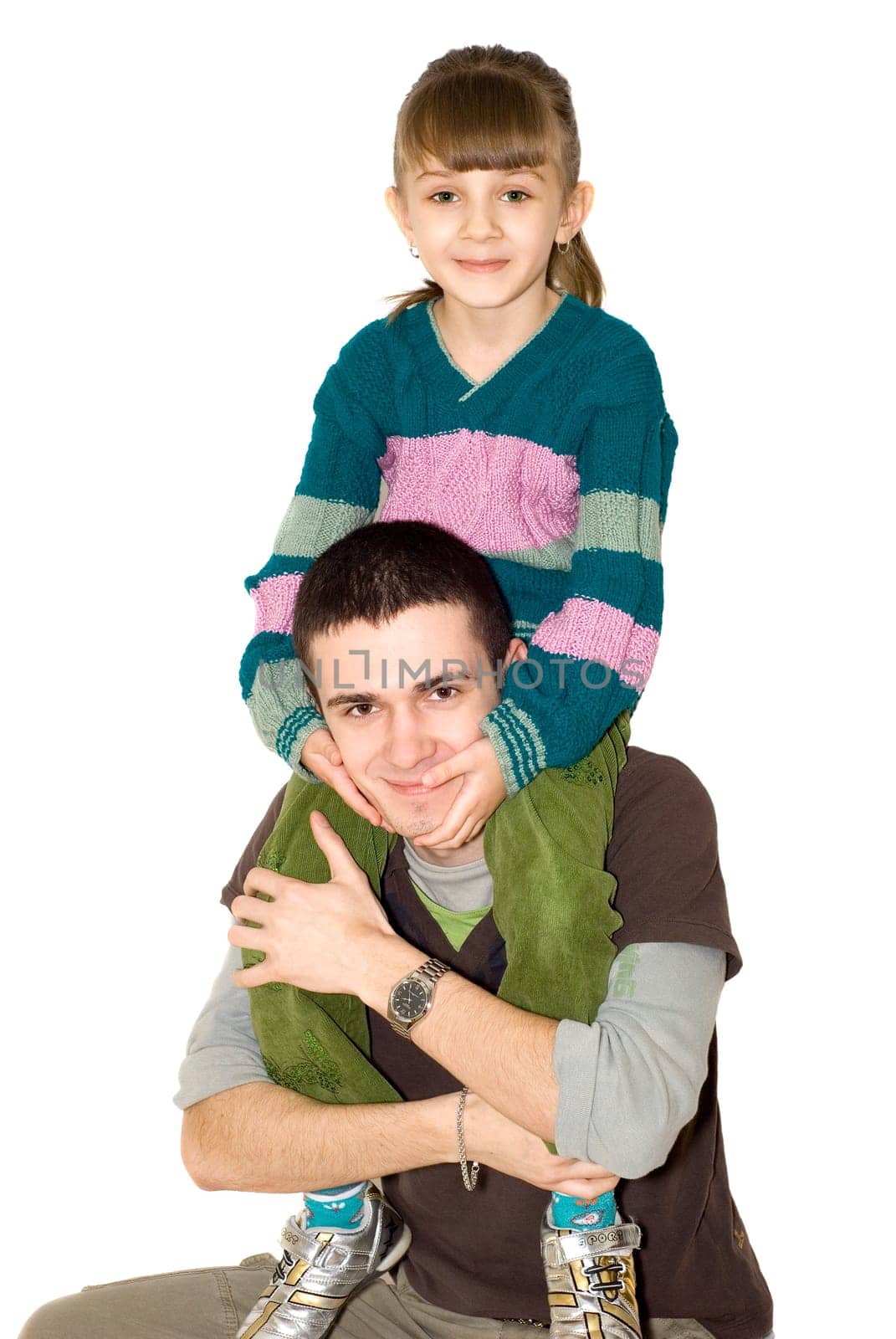 The sister sits on the  brother neck