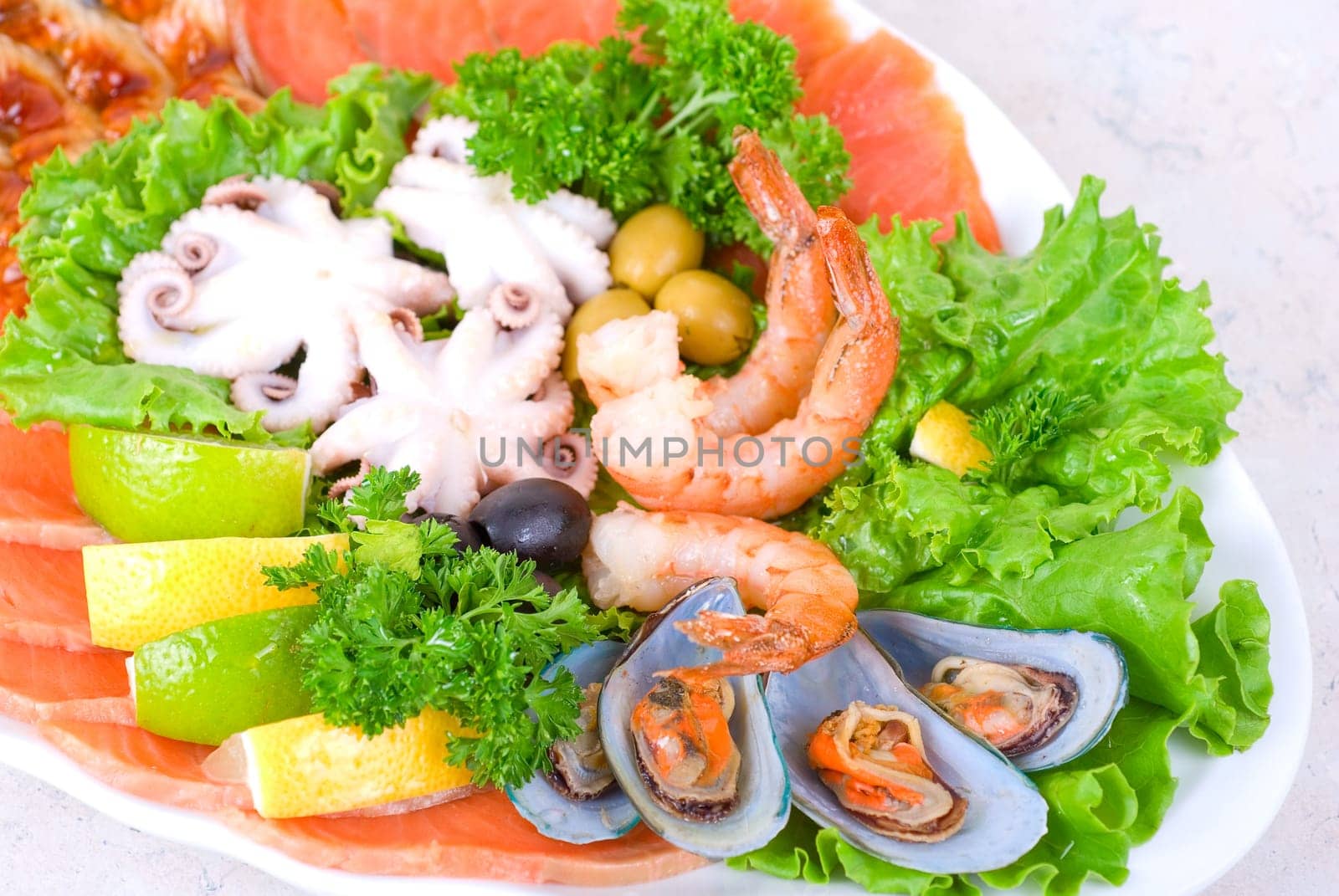 appetizer closeup of different seafood and vegetables