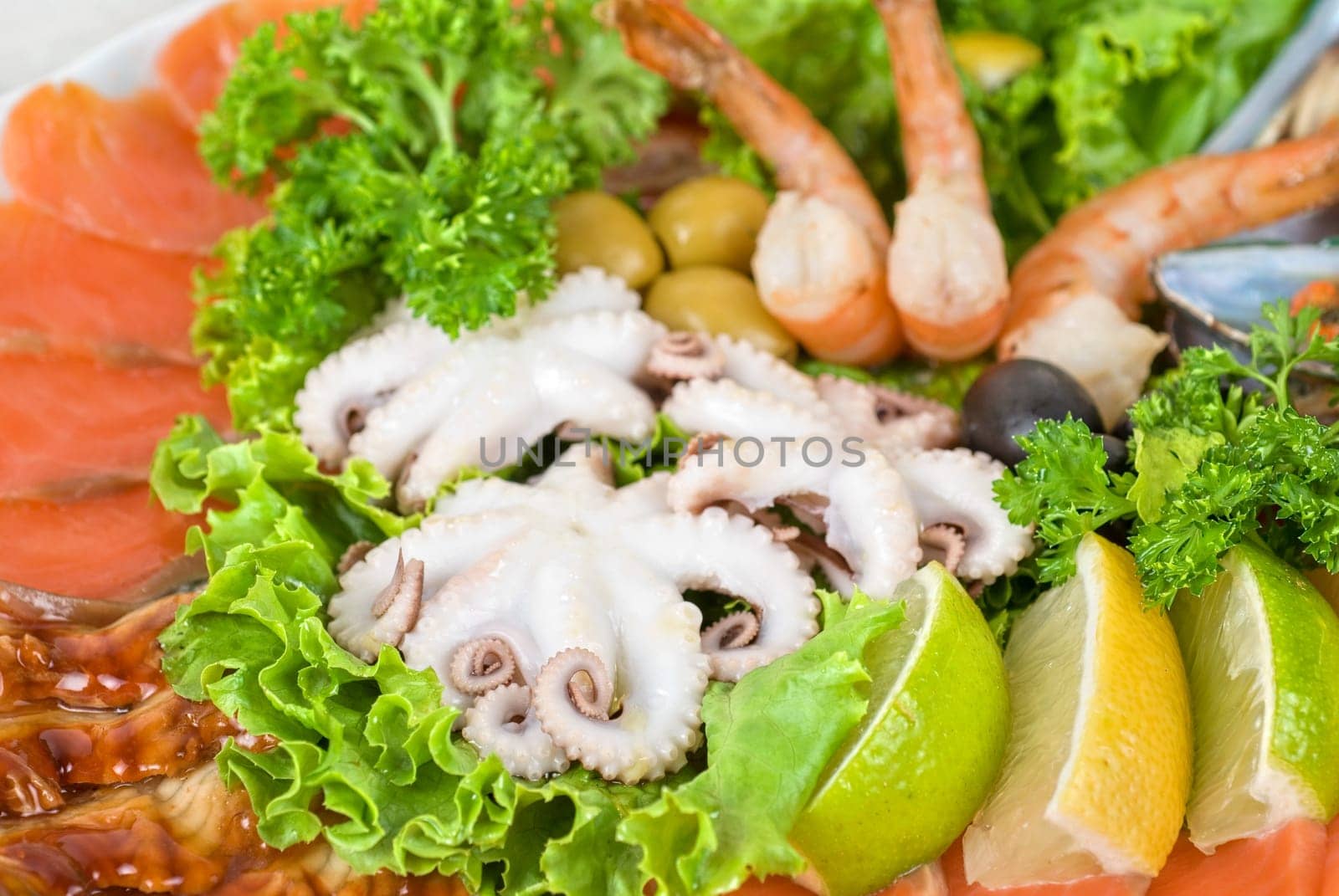 appetizer closeup of different seafood and vegetables