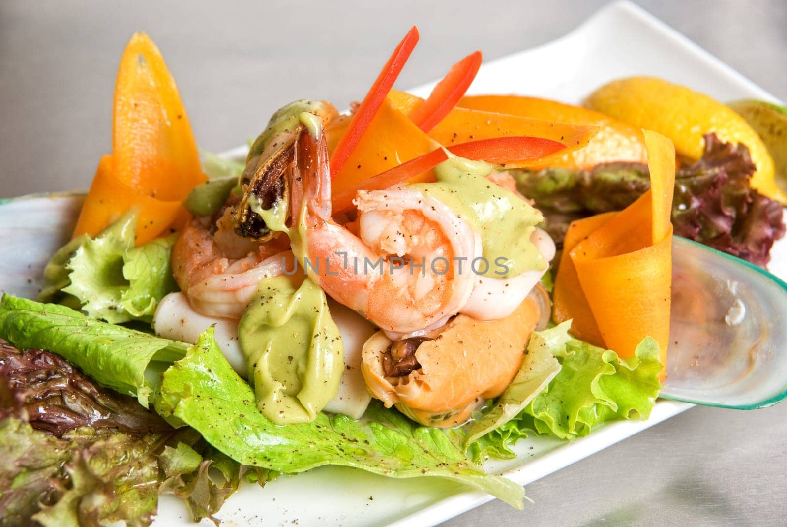 appetizer closeup dish of seafood and vegetables