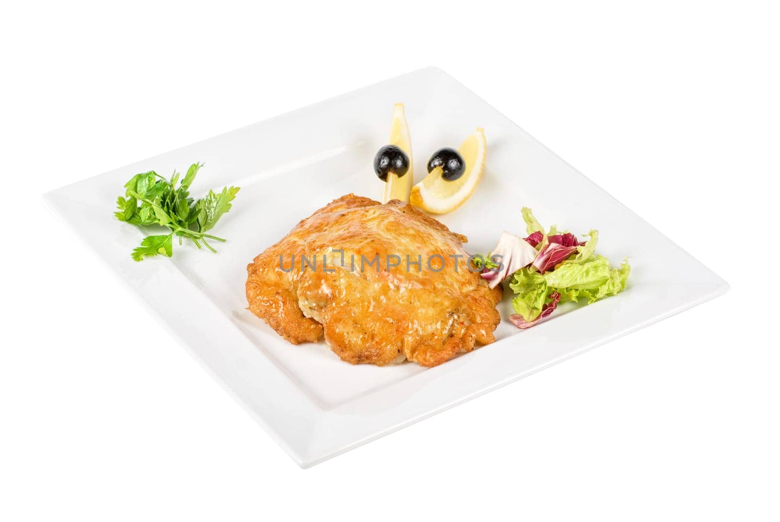 Roasted pork steak baked with cheese on white