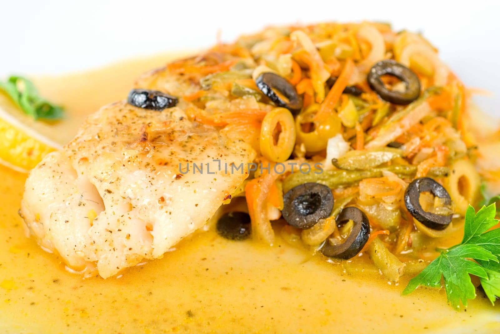 Tasty fish pike perch with mix of vegetables