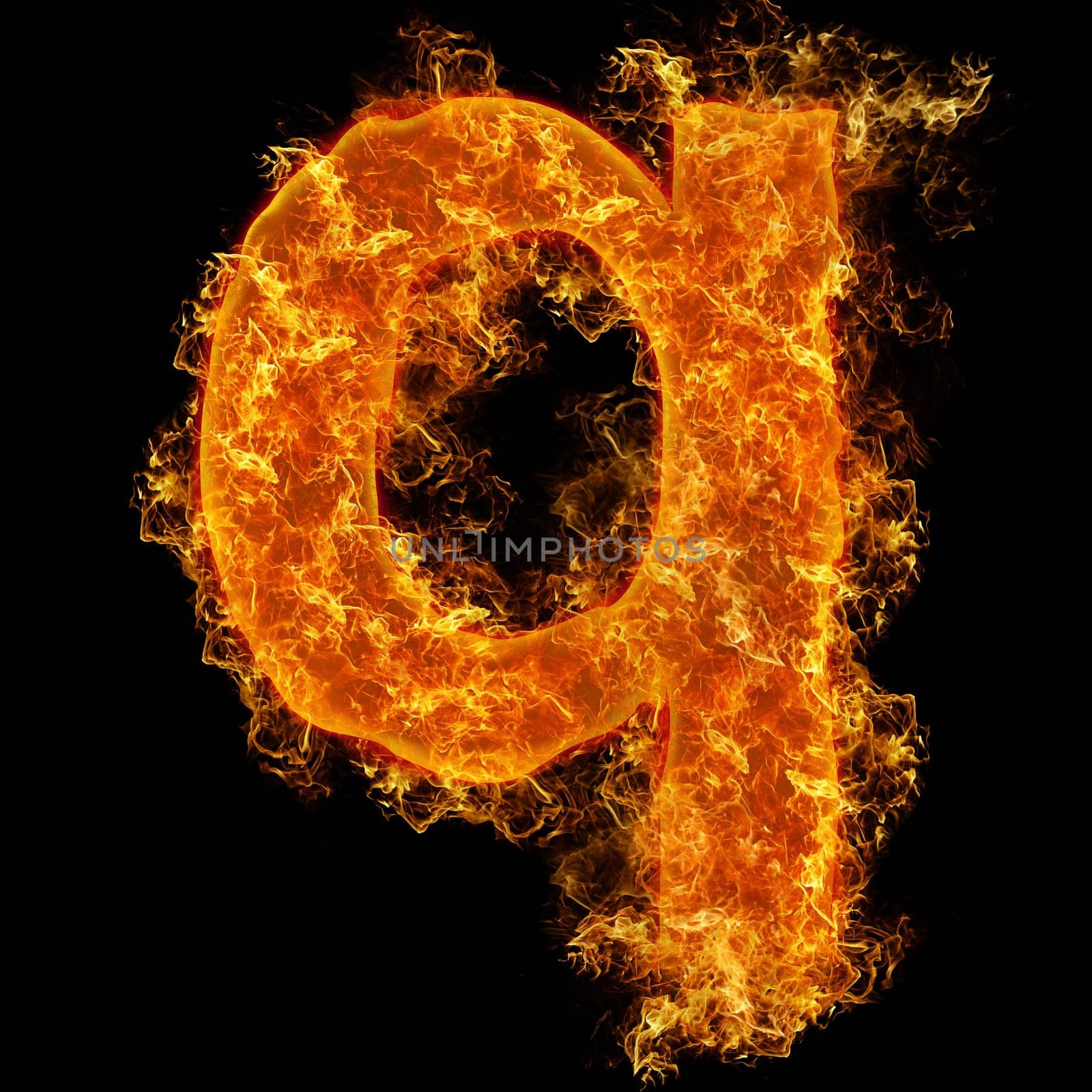 Fire small letter Q on a black background