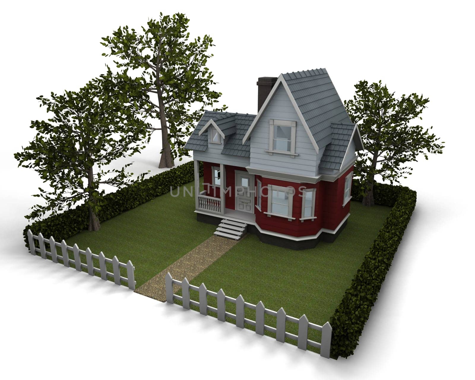 3D render of a traditional timber house with garden
