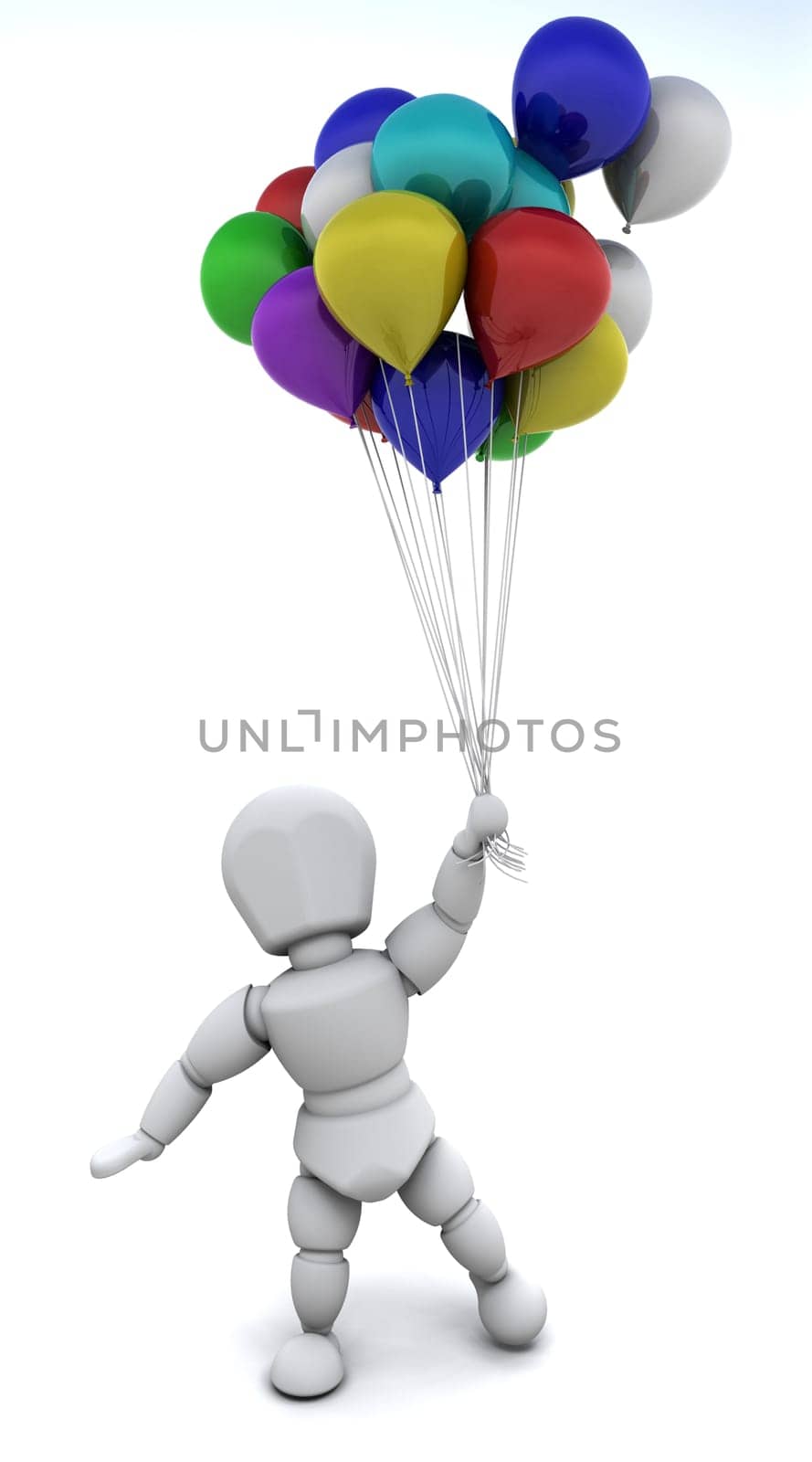 3D render of a man with a big bunch of balloons
