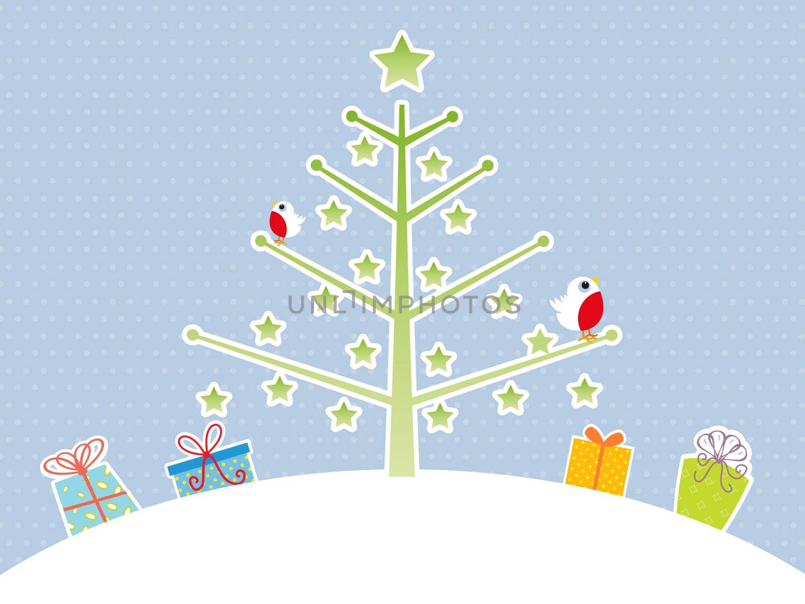 Cute Christmas tree background with robin red breast and gifts