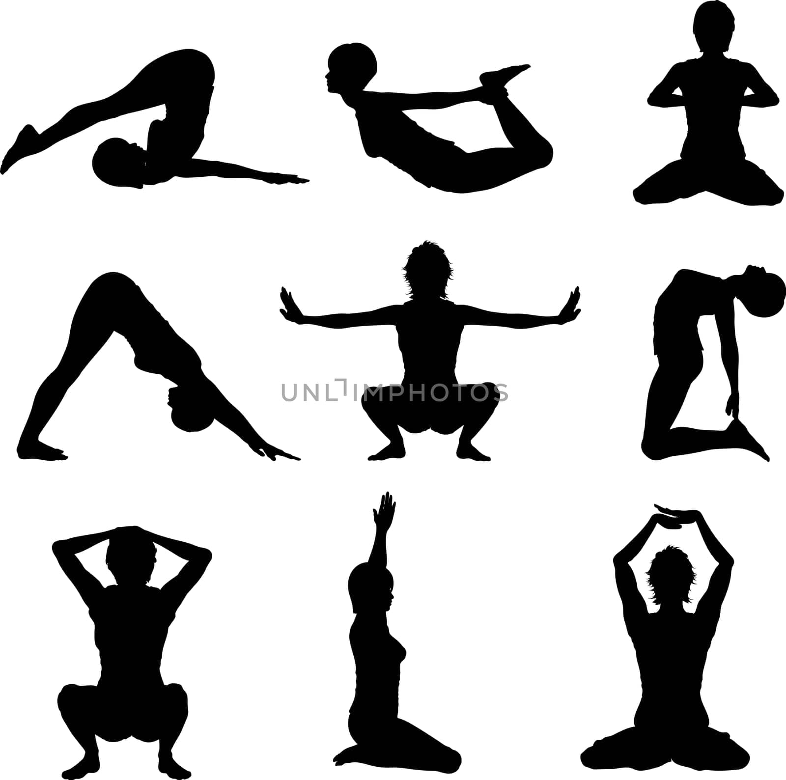 Silhouettes of females in various yoga poses