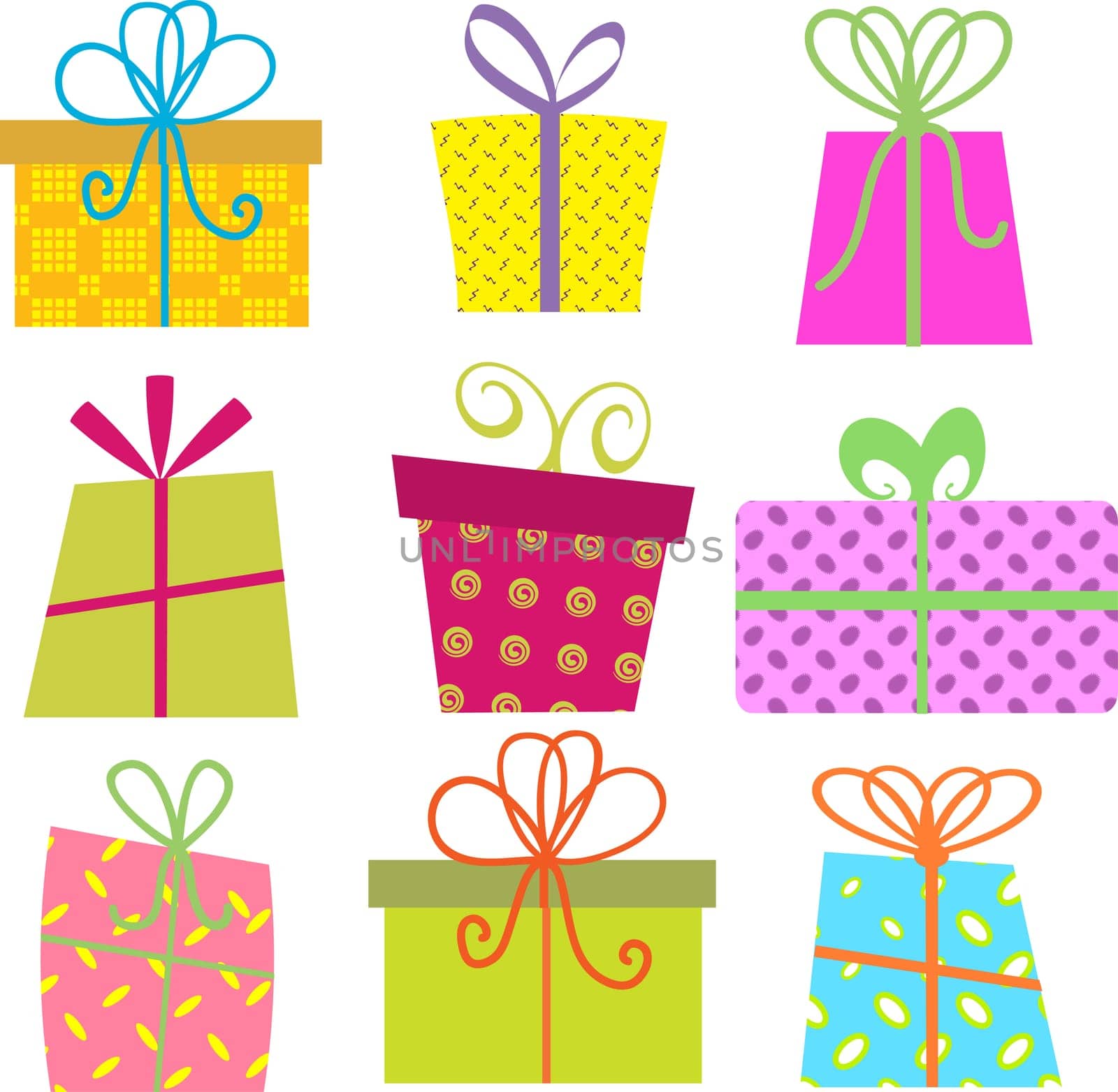 Various hand drawn cartoon styled gift boxes