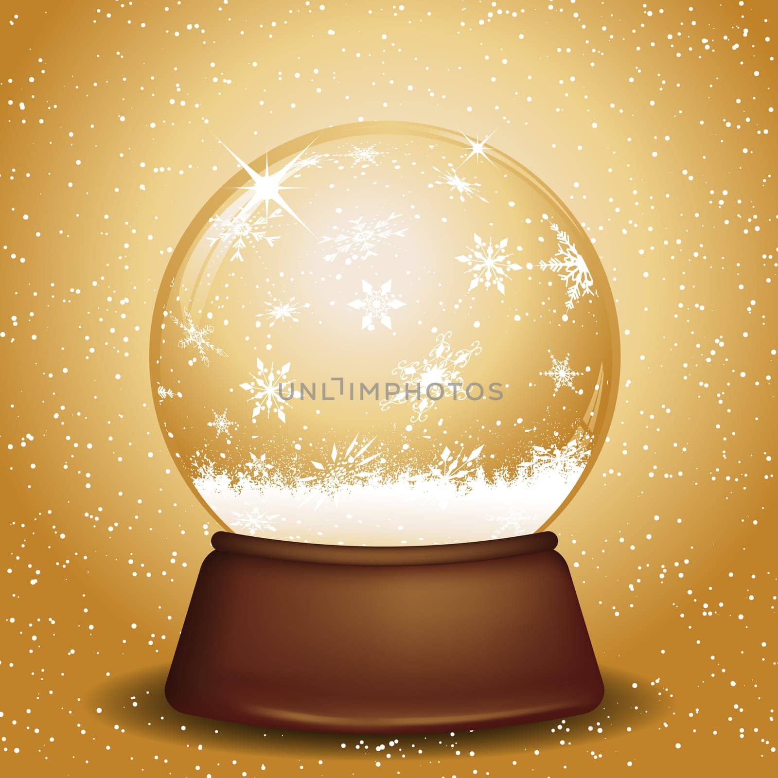 Golden snow globe with falling snowflakes