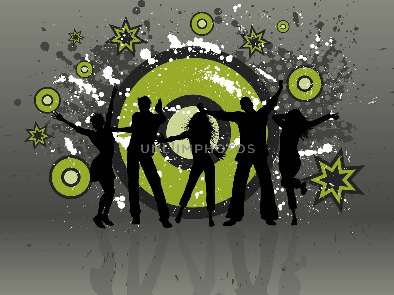 Silhouettes of people dancing on a grunge background