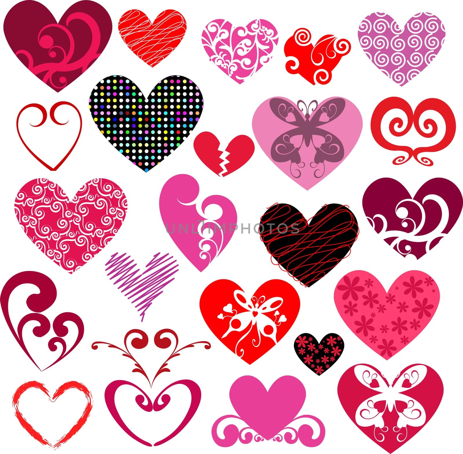 Various different designs of decorative hearts
