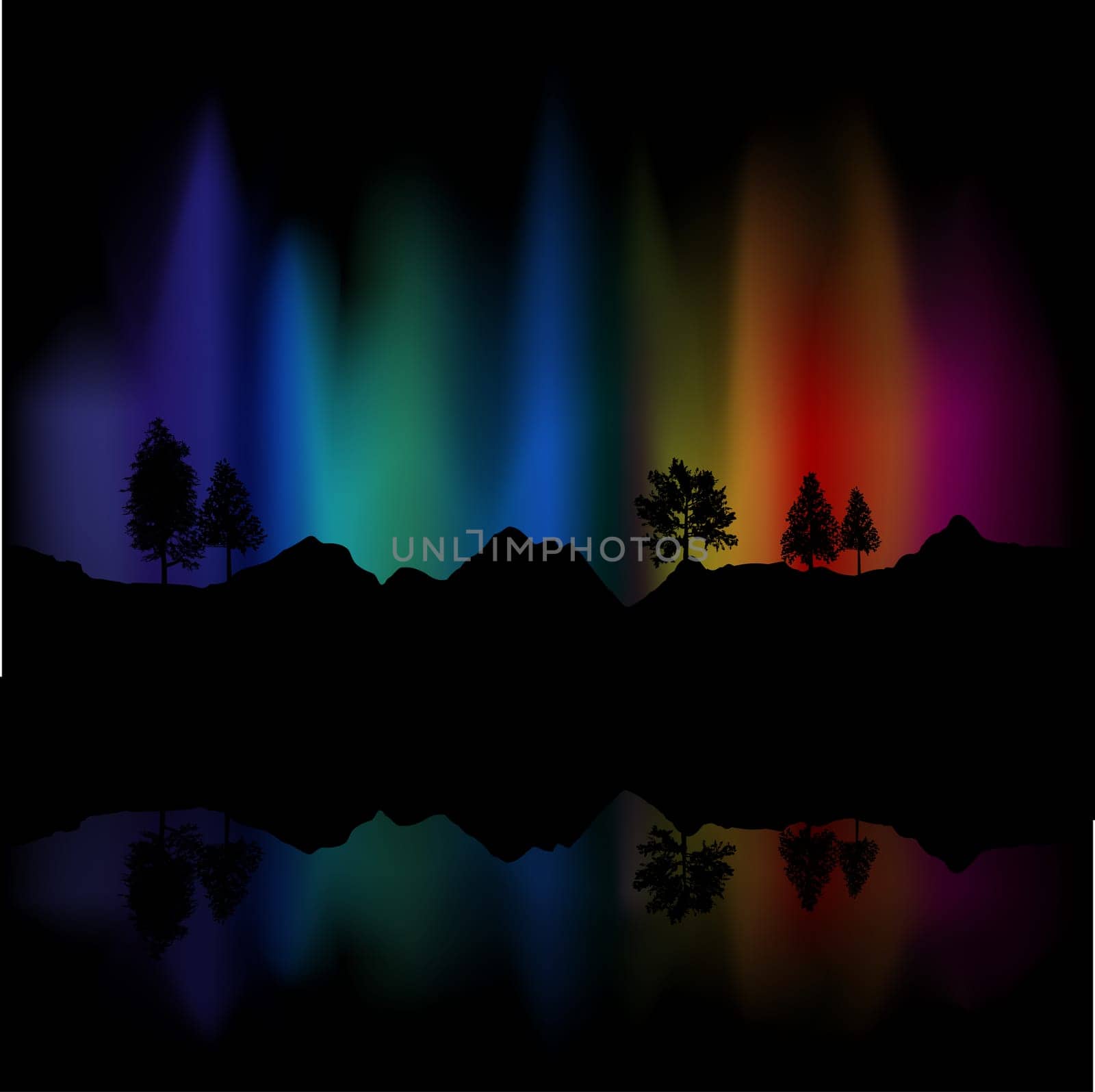 Background of northern lights in the sky reflected in lake