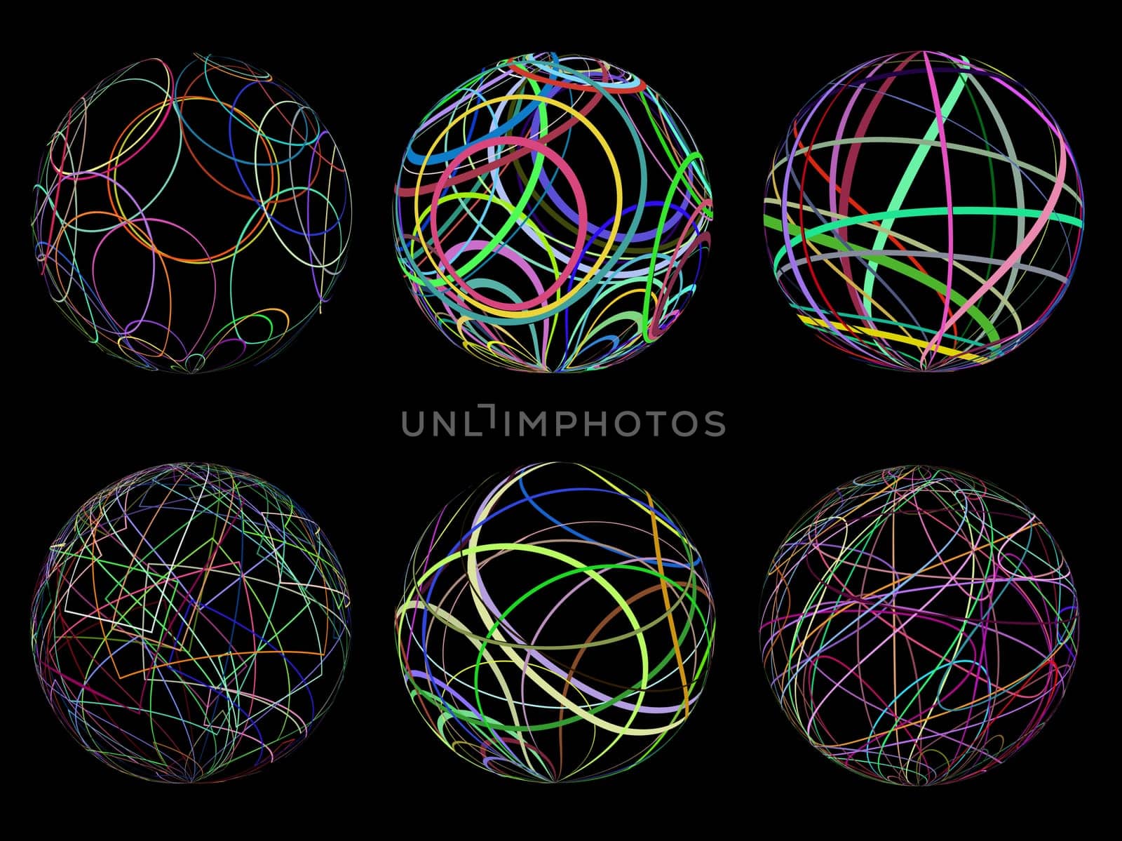 Various designs of scribble spheres in multi colours