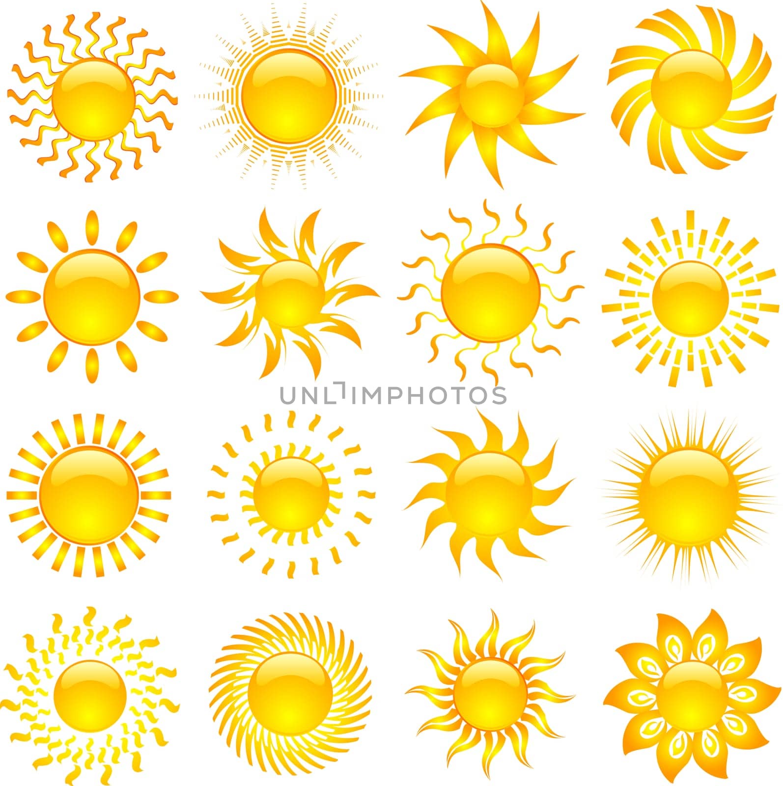 Large collection of various designs of sun icons