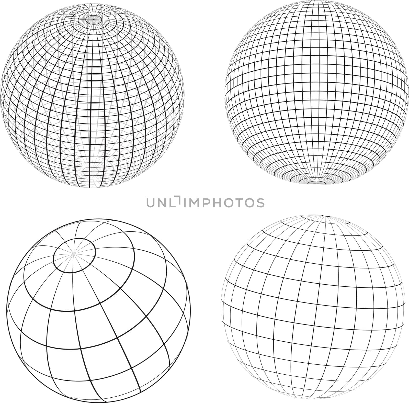 Various designs of wireframe globes