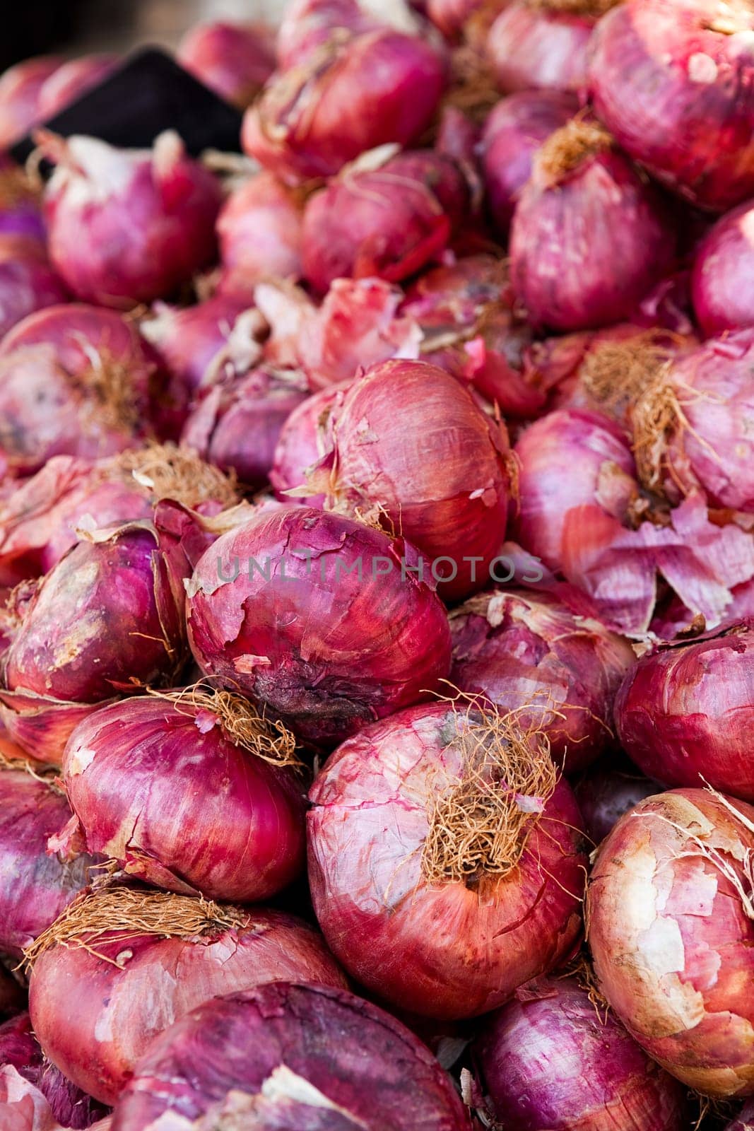 Close-up of a pile of fresh red onions