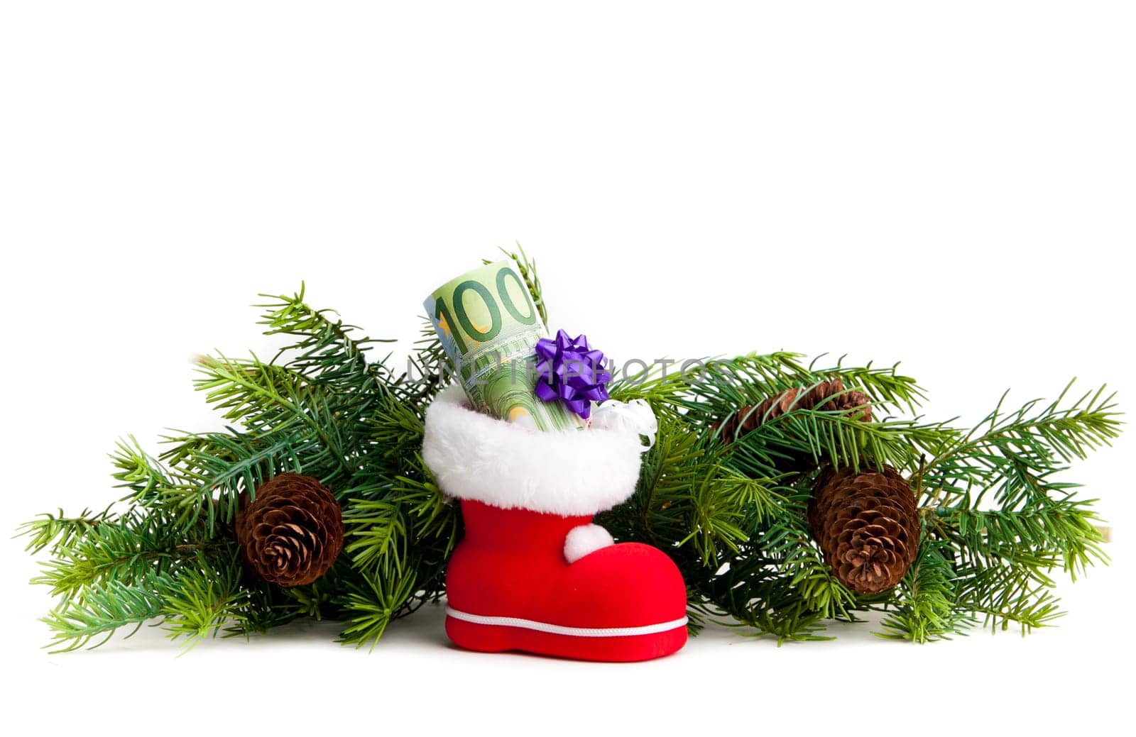 Euro in boot of Santa Claus white background