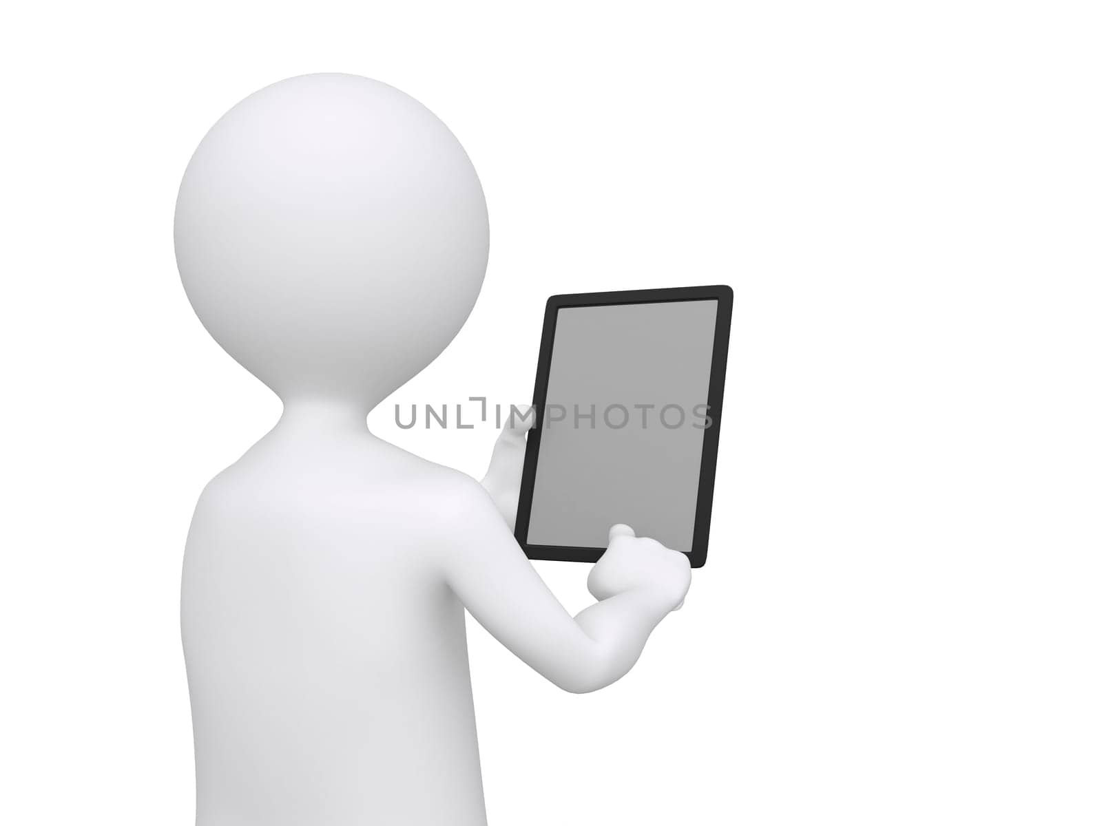3D Businessman holding blank tablet pc. Advertising concept
