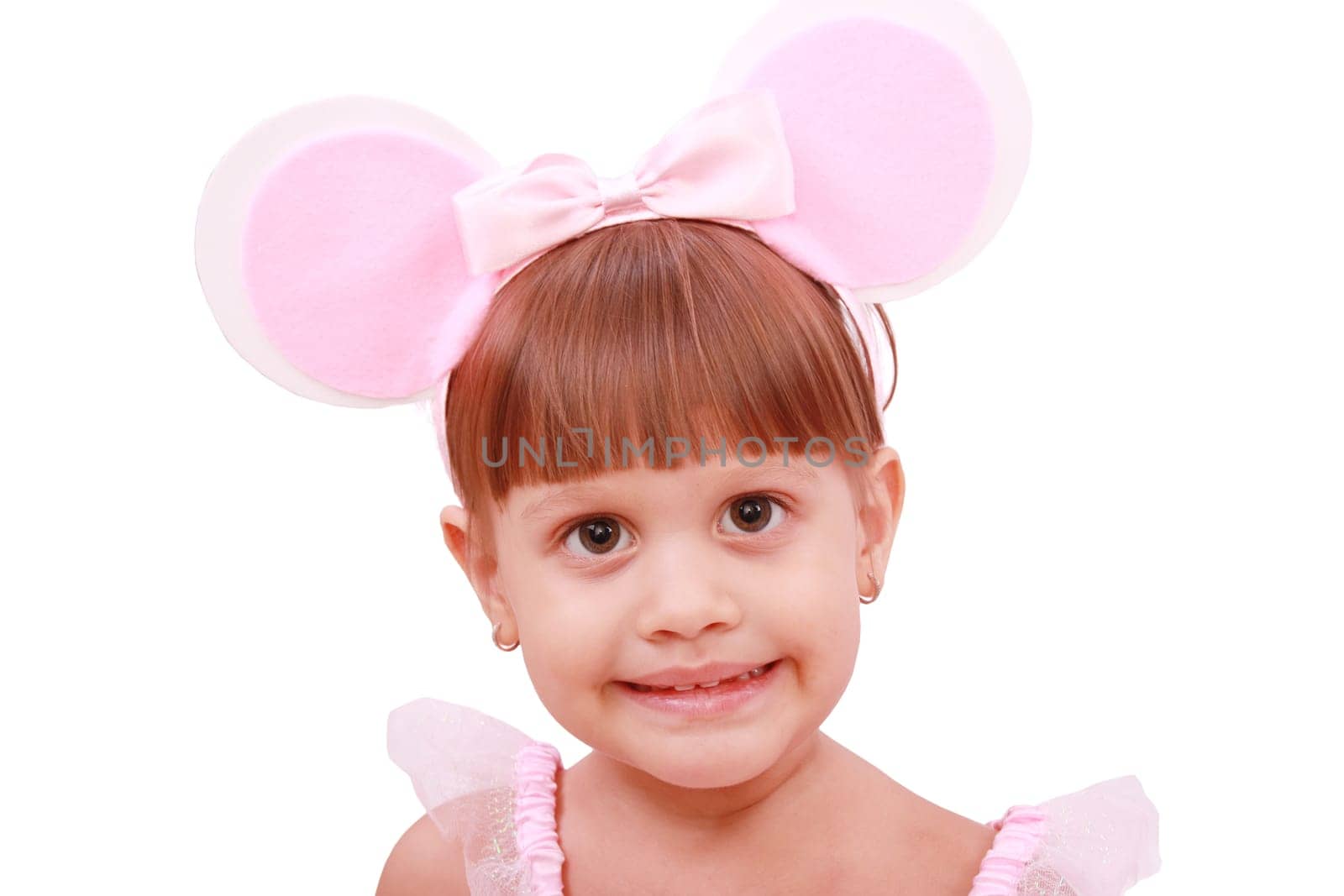 Portrait of girl with bunny ears headband,  isolated on white background
