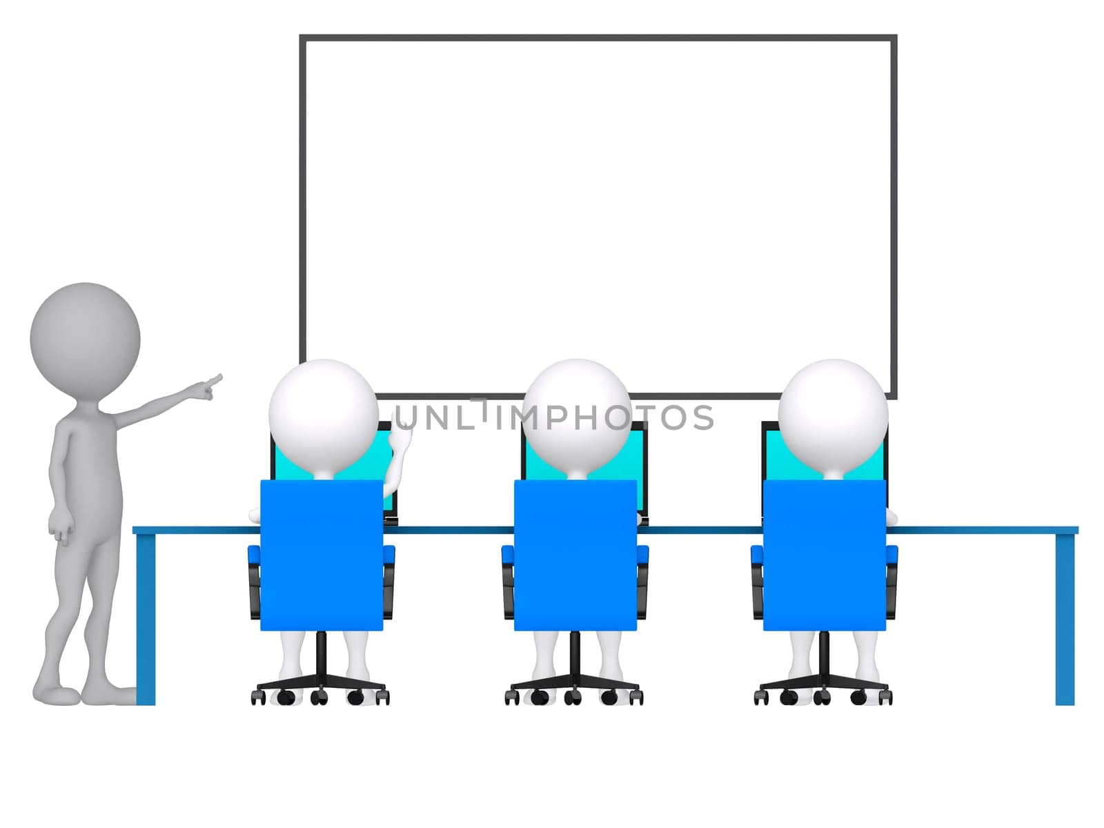 3d person with pointer in hand close to board. Concept of education and learning. - 3d render illustration