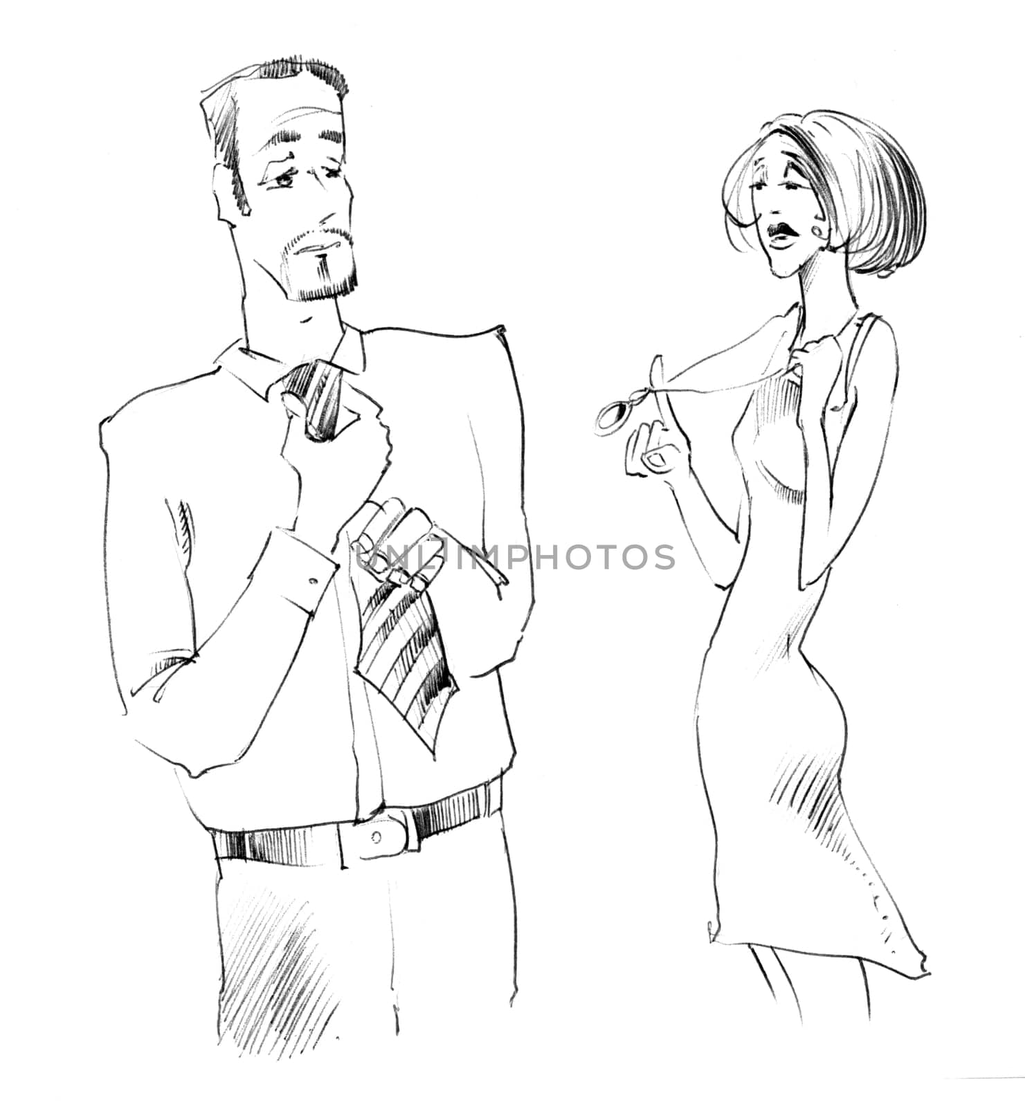 Body language: man improving the tie and woman playing with necklace