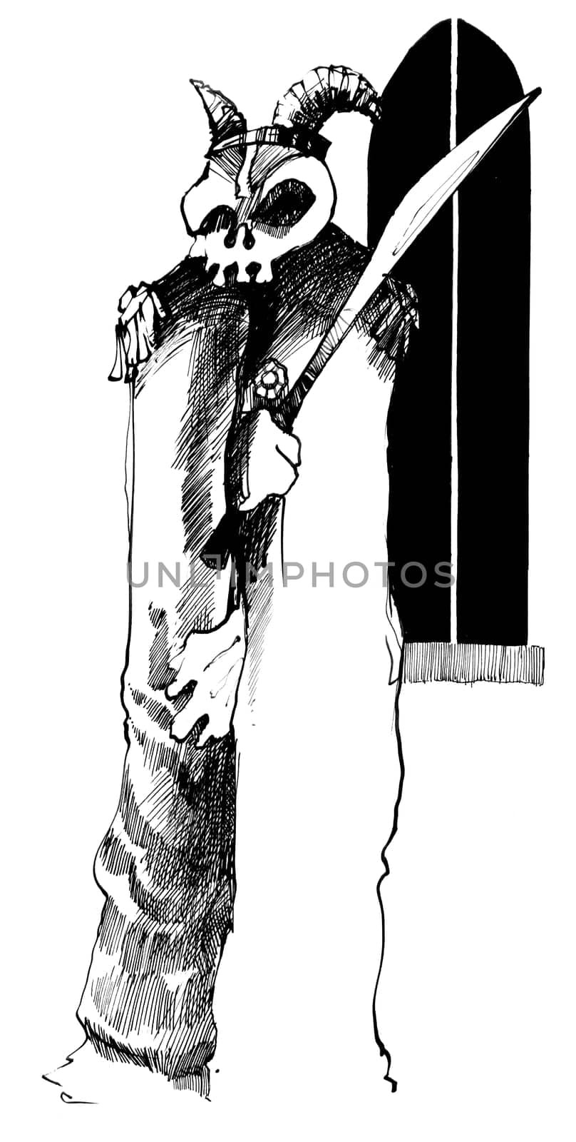 drawing illustration of phantom with skull and sword