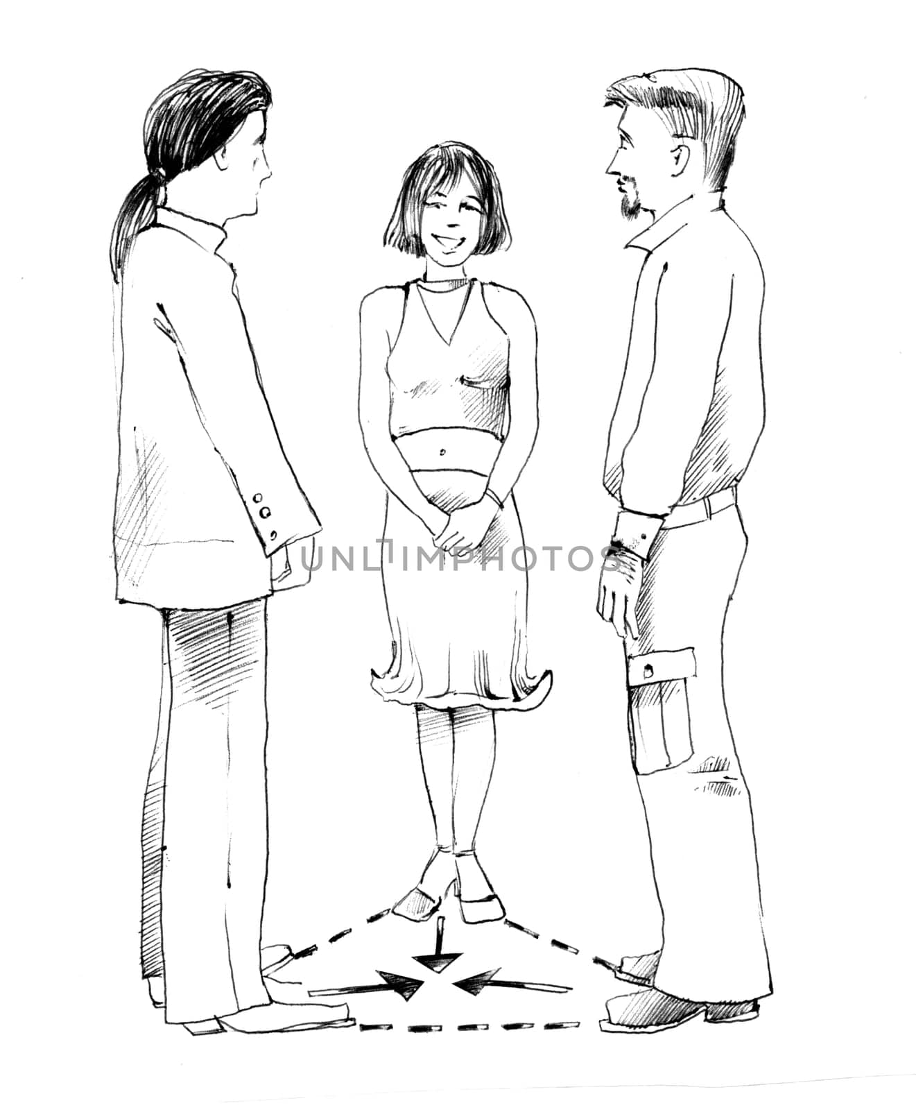 Body language: woman and two men talking