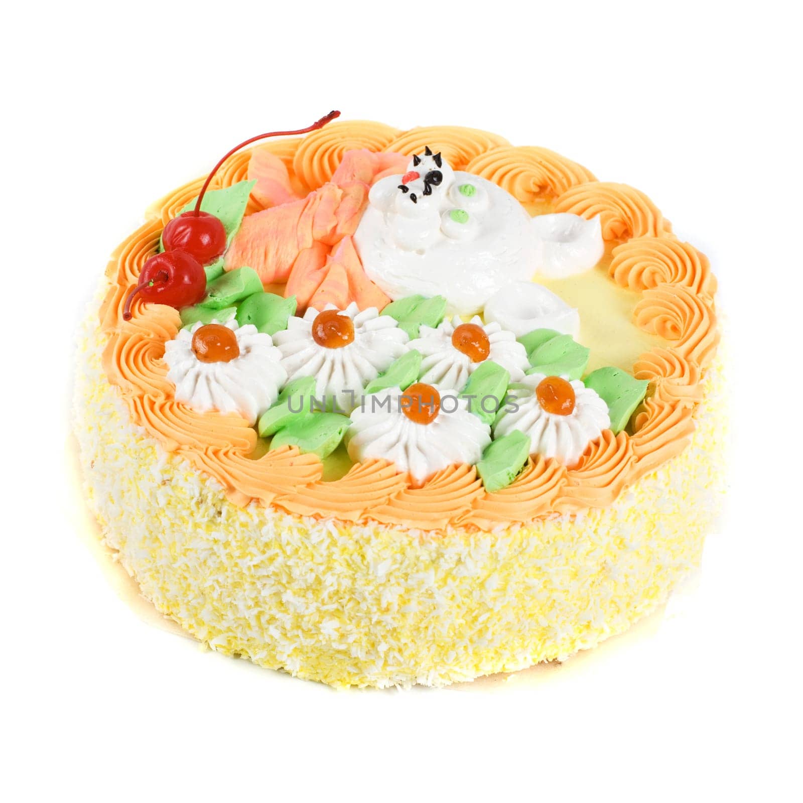 cream cake closeup with cherry on a grey