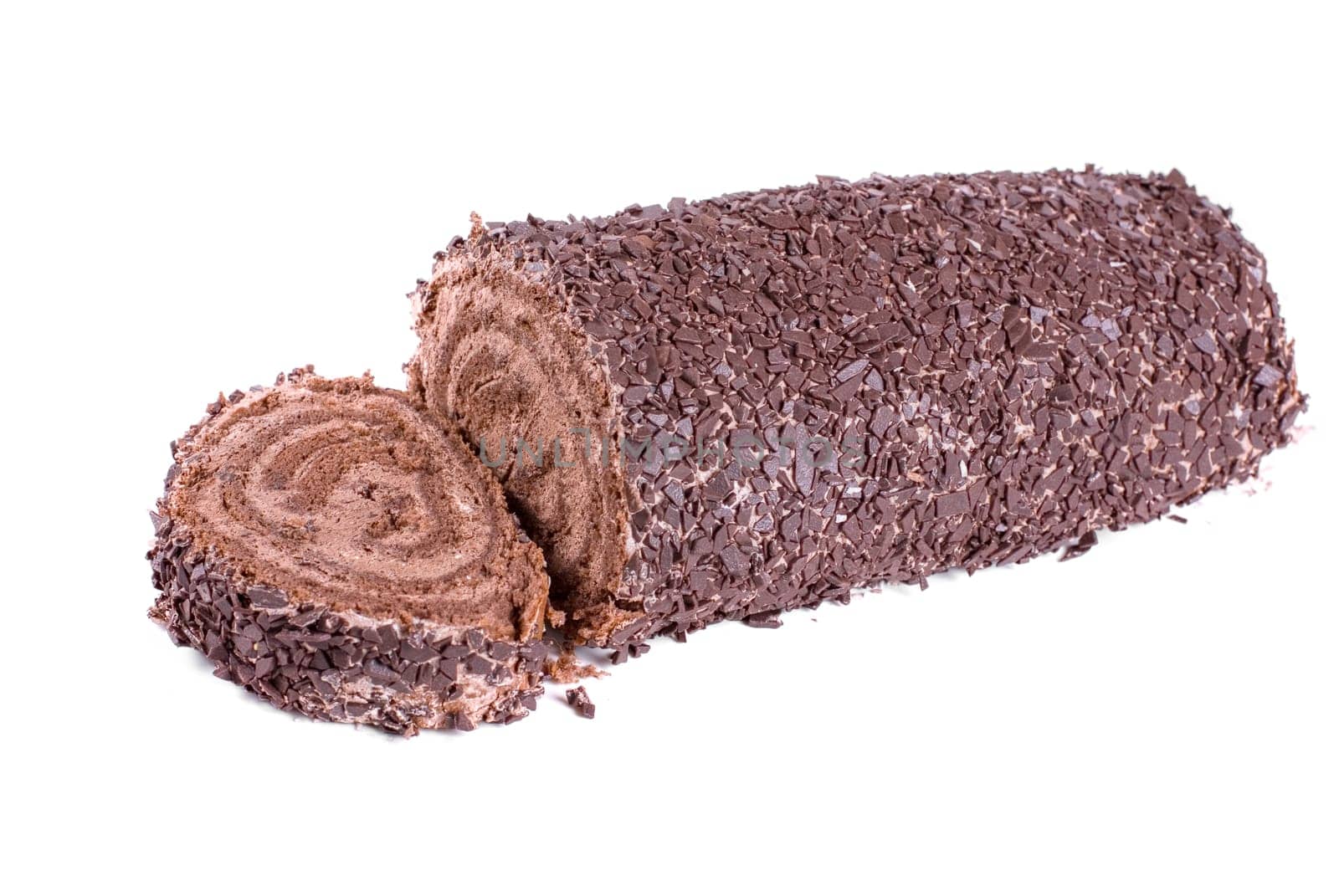 Chocolate Swiss roll closeup isolated on a white background