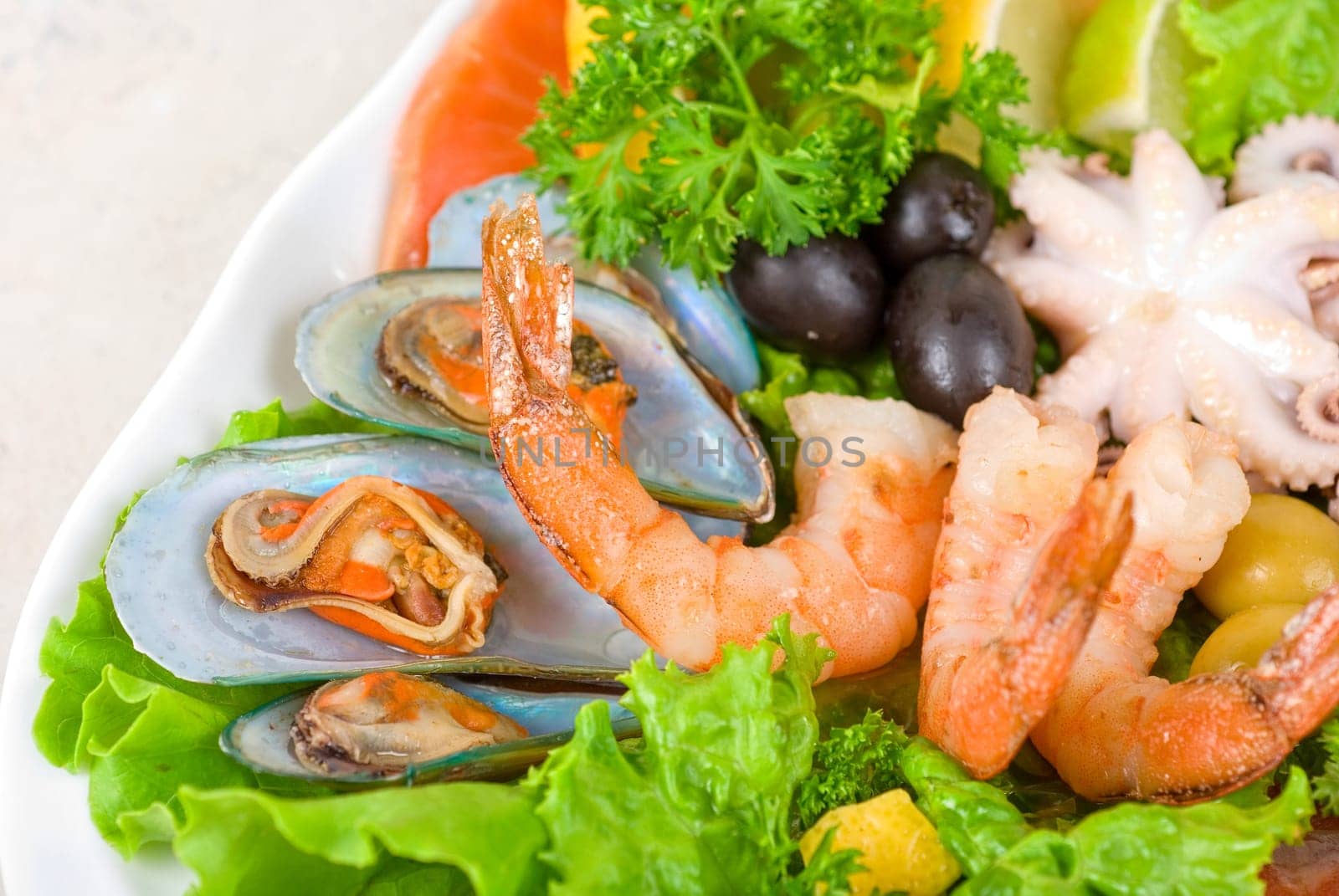 appetizer closeup of different seafood and vegetables