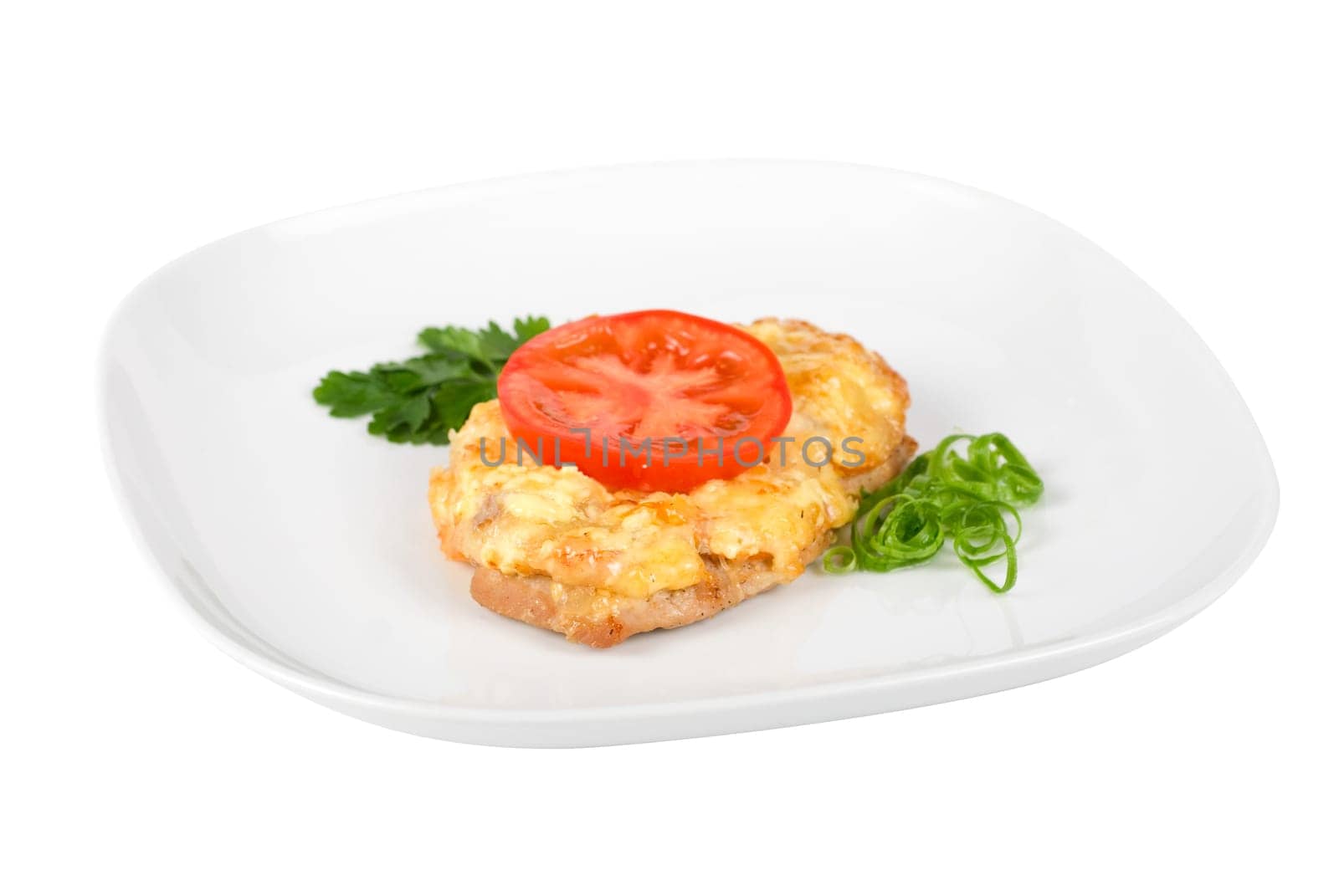 Roasted pork steak baked with cheese and tomato
