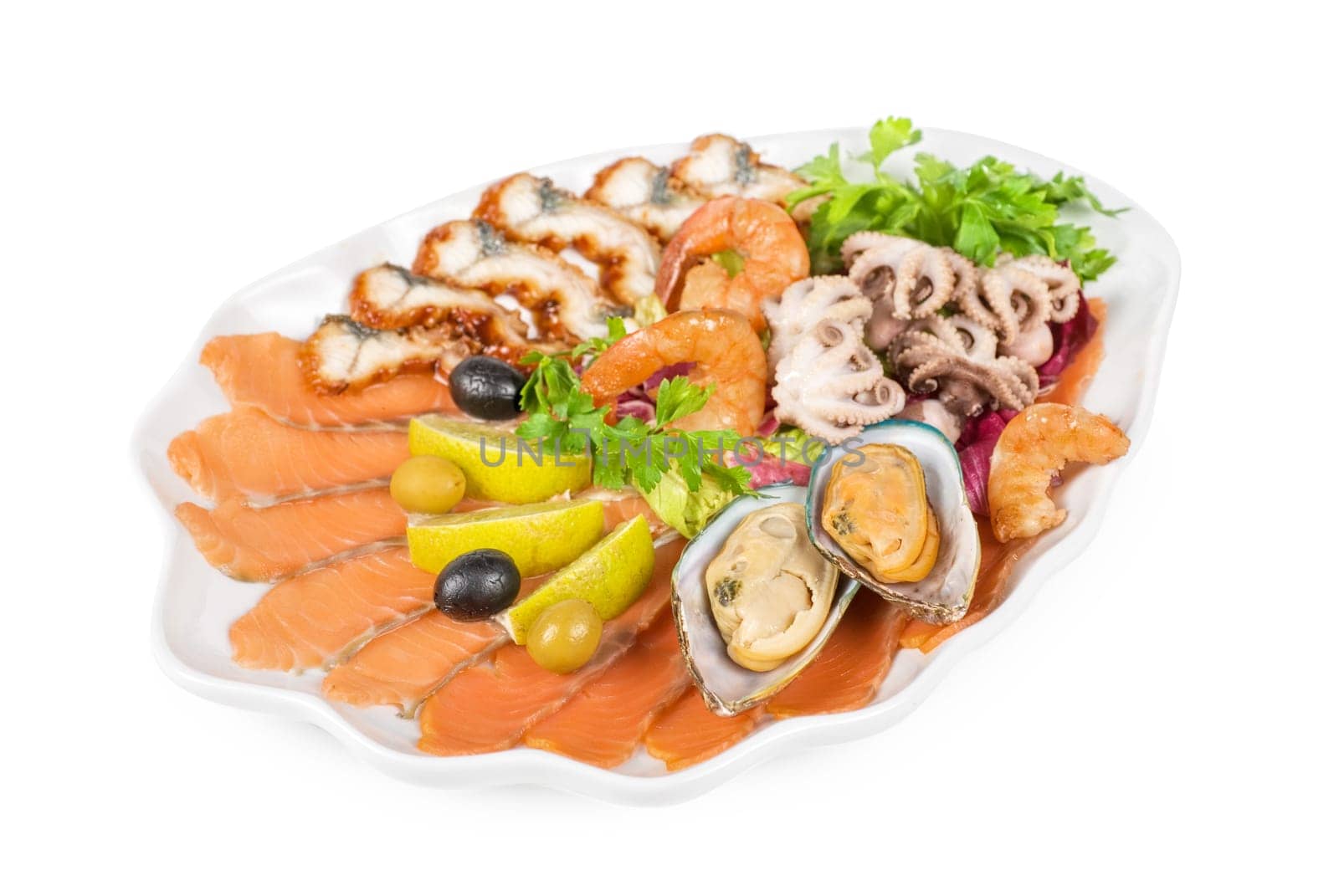 appetizer closeup of different seafood and vegetables